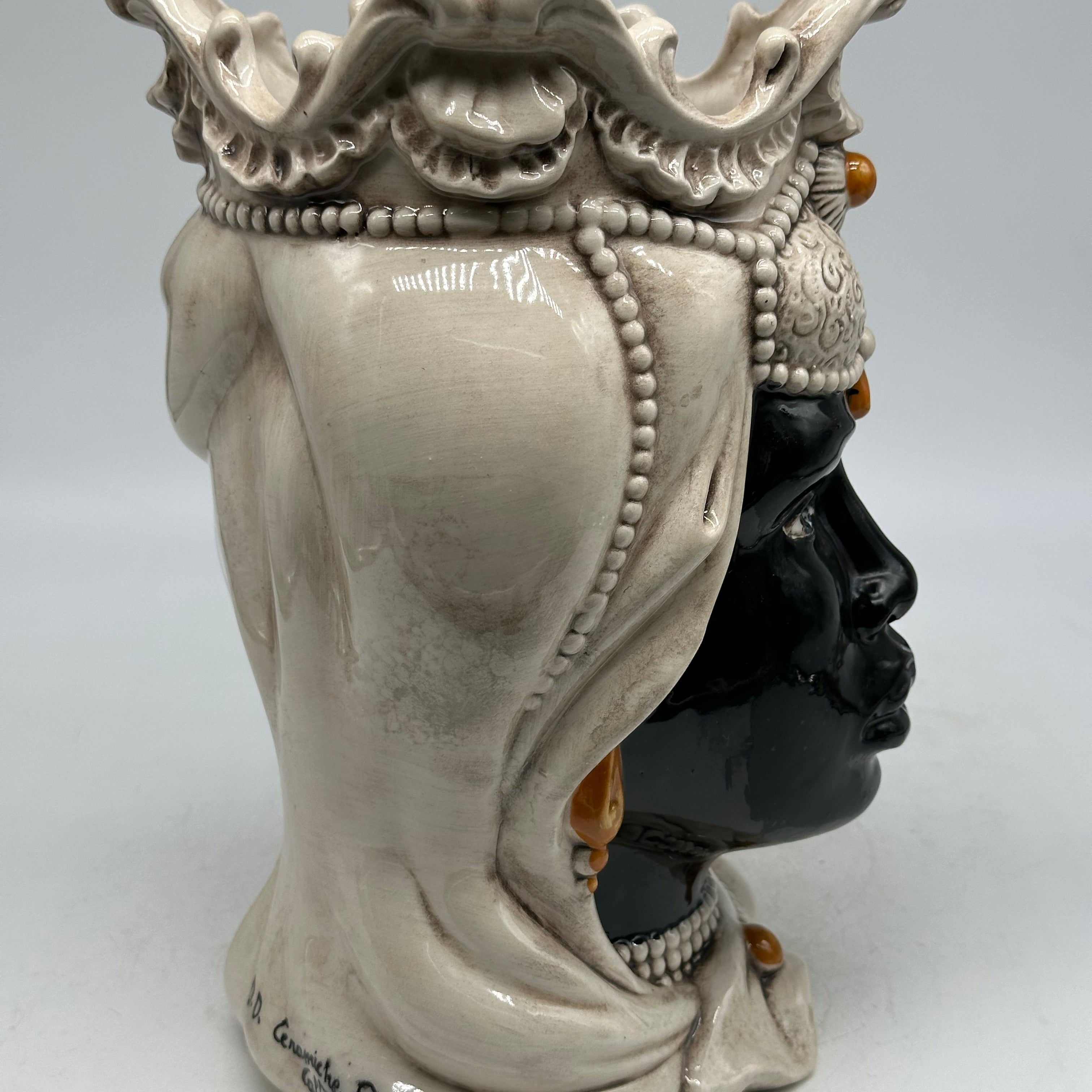 FINE SERIE - Testa di Moro Emiro Donna Ceramica Caltagirone cm H.30 L.18 Artigianale Ecru Sfere Arancio - Donna - TESTE