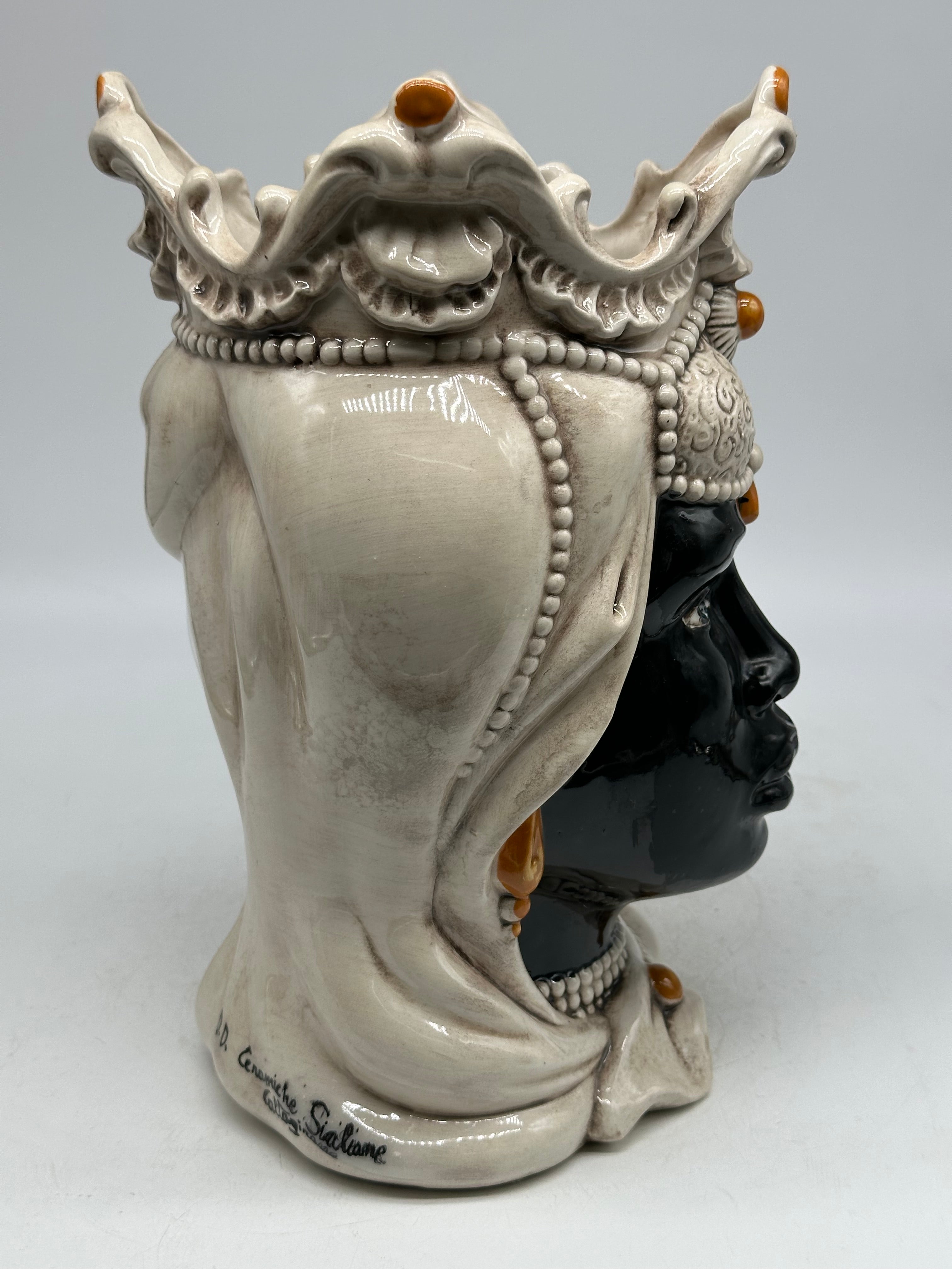 FINE SERIE - Testa di Moro Emiro Donna Ceramica Caltagirone cm H.30 L.18 Artigianale Ecru Sfere Arancio - Donna - TESTE