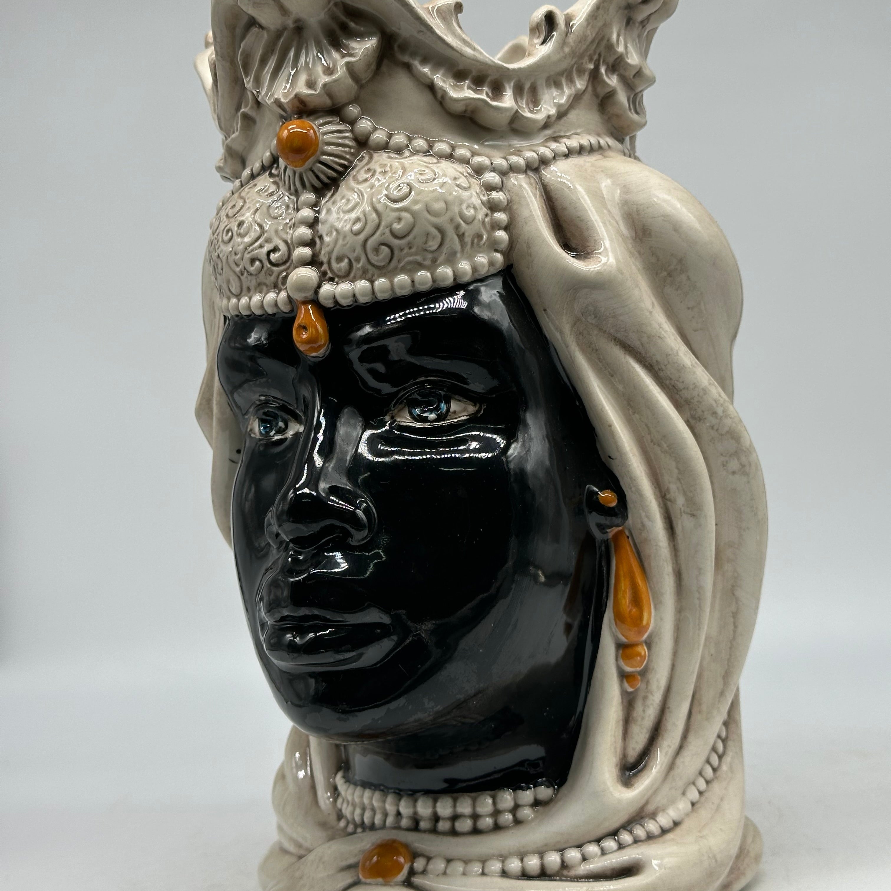 FINE SERIE - Testa di Moro Emiro Donna Ceramica Caltagirone cm H.30 L.18 Artigianale Ecru Sfere Arancio - Donna - TESTE