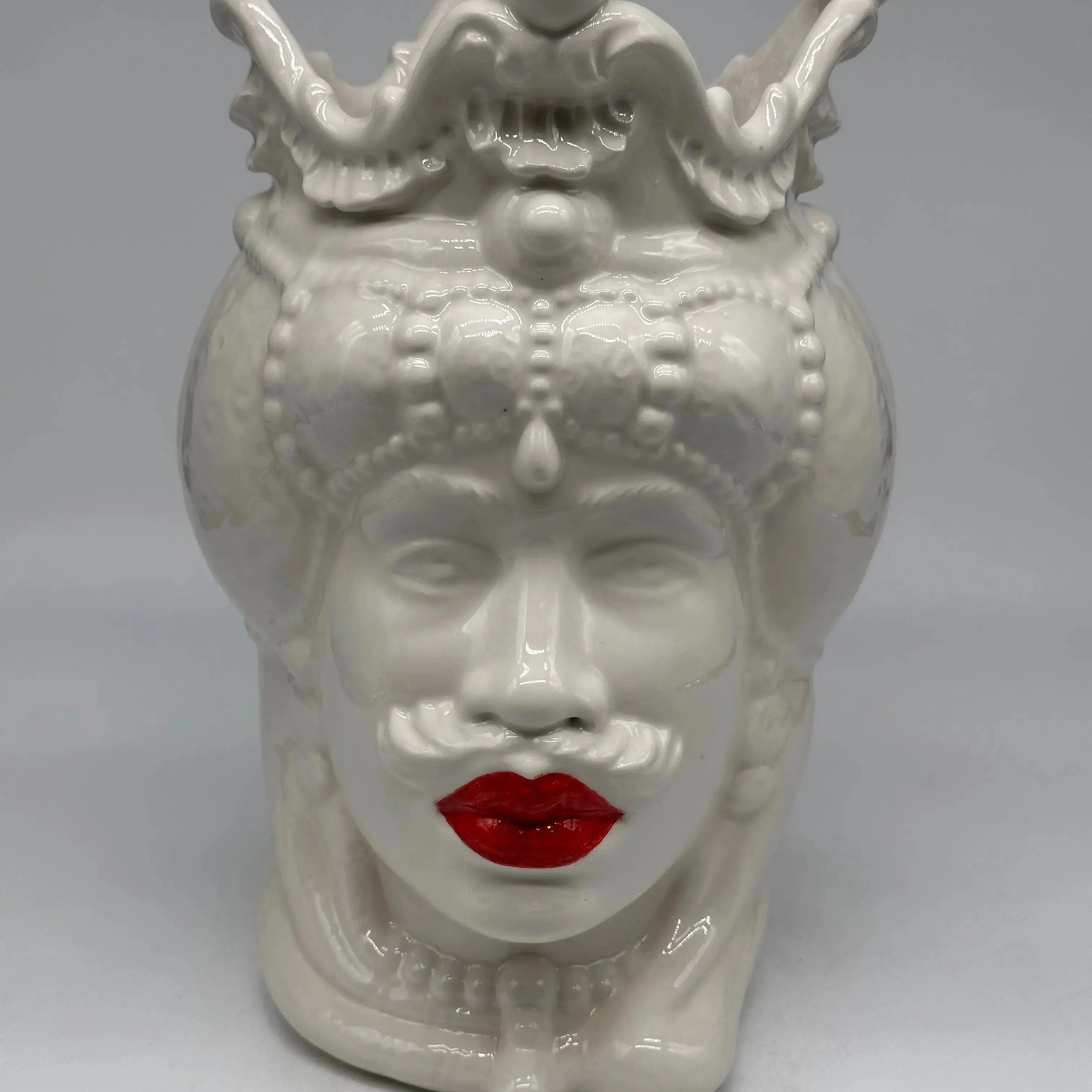 FINE SERIE - Testa di Moro Emiro Uomo Ceramica Caltagirone cm H.30 L.18 Artigianale Bianco Labbra Rosse - Uomo - TESTA