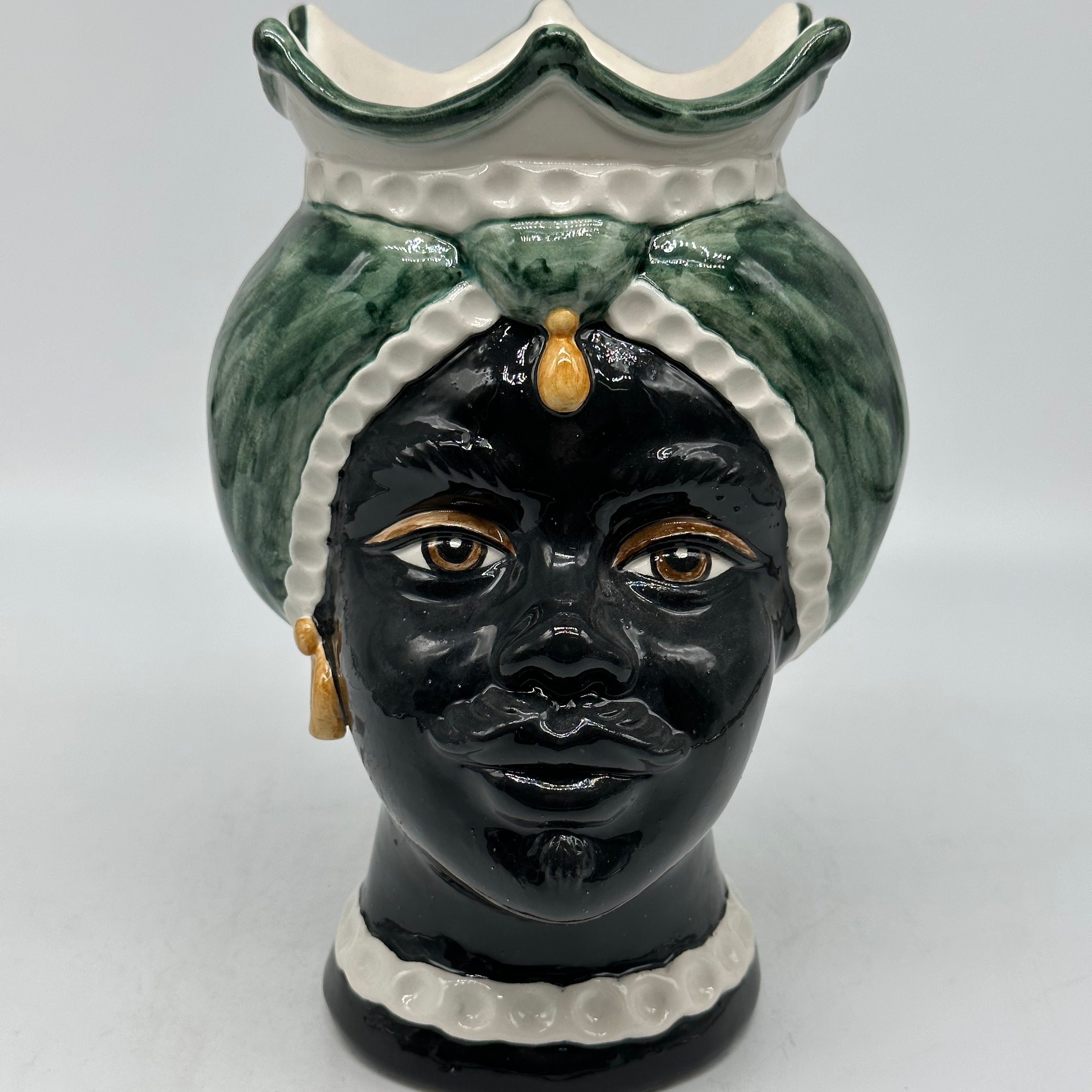 FINE SERIE - Testa di Moro Luis Ceramica Caltagirone cm H.22 L.15 Artigianale Turbante Liscio Verde UOMO - Donna