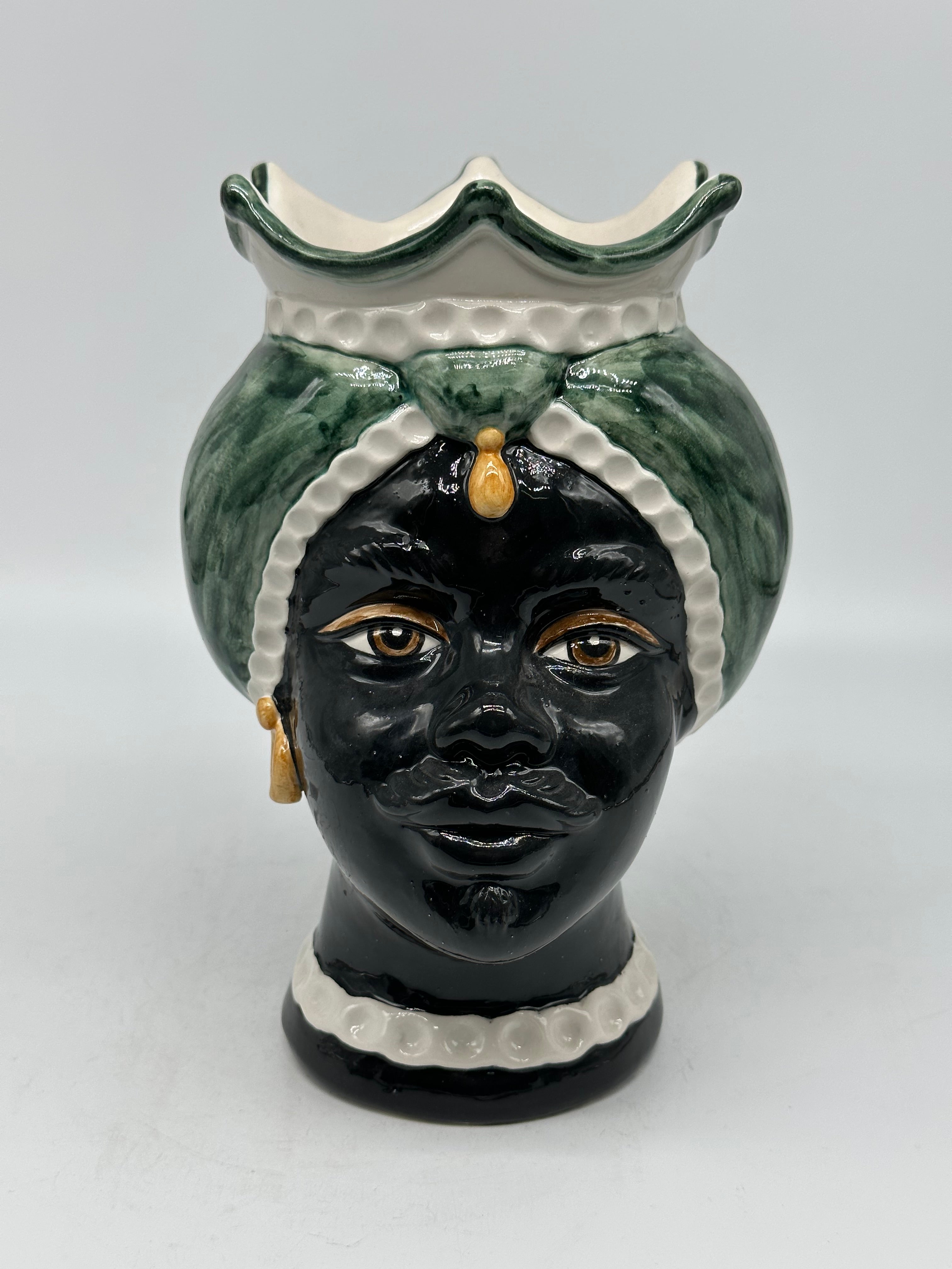 FINE SERIE - Testa di Moro Luis Ceramica Caltagirone cm H.22 L.15 Artigianale Turbante Liscio Verde UOMO - Donna