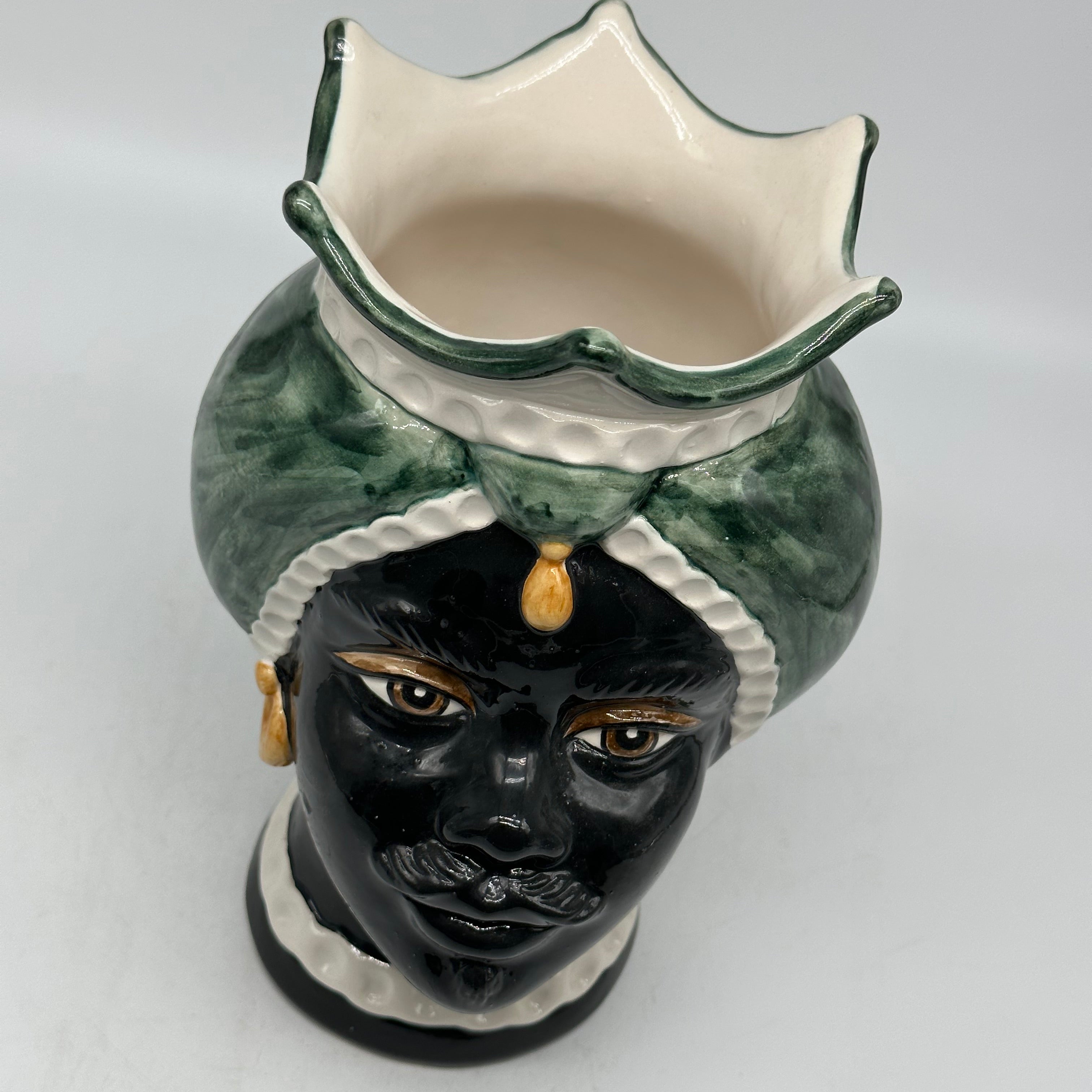 FINE SERIE - Testa di Moro Luis Ceramica Caltagirone cm H.22 L.15 Artigianale Turbante Liscio Verde UOMO - Donna