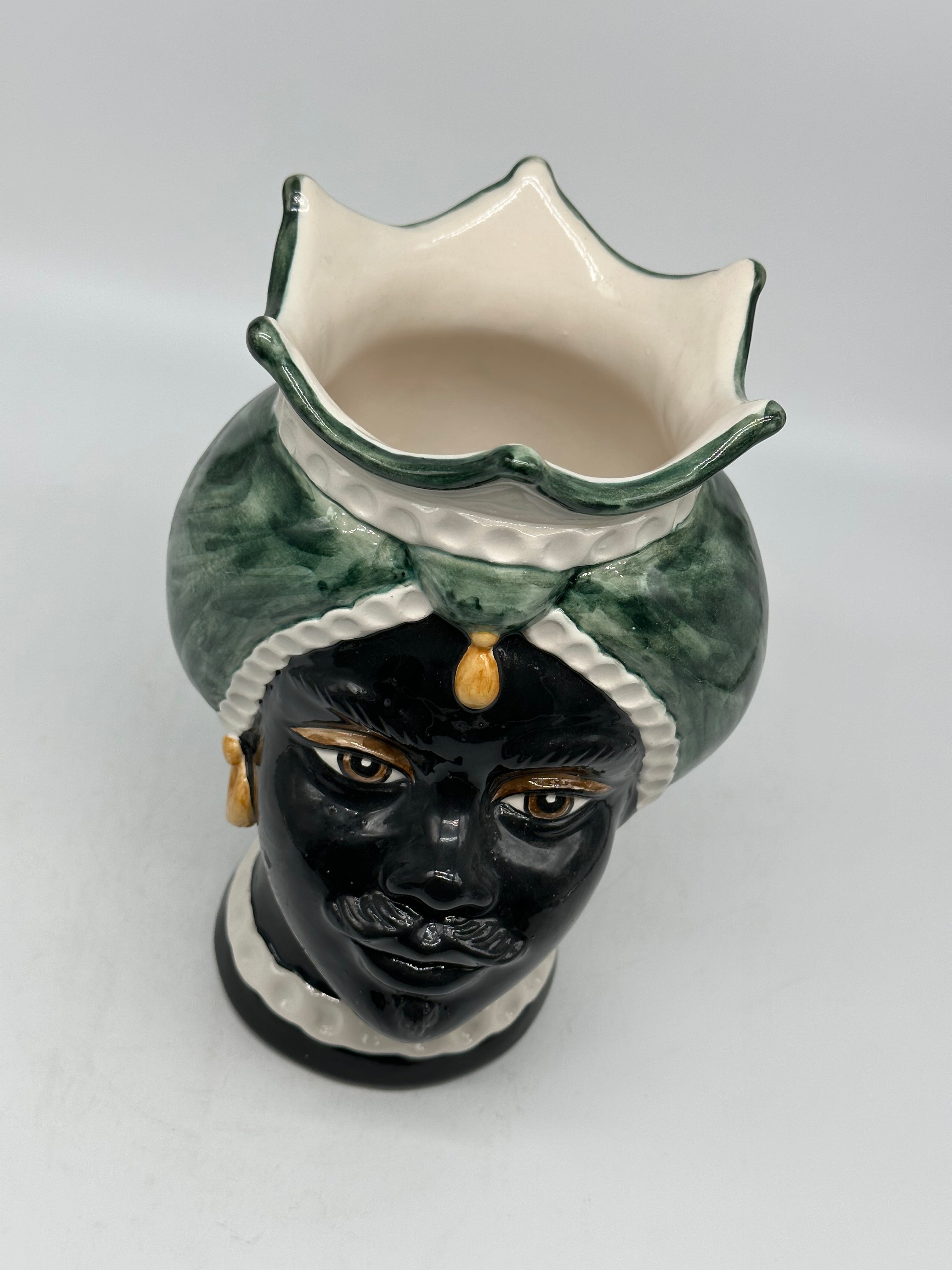 FINE SERIE - Testa di Moro Luis Ceramica Caltagirone cm H.22 L.15 Artigianale Turbante Liscio Verde UOMO - Donna