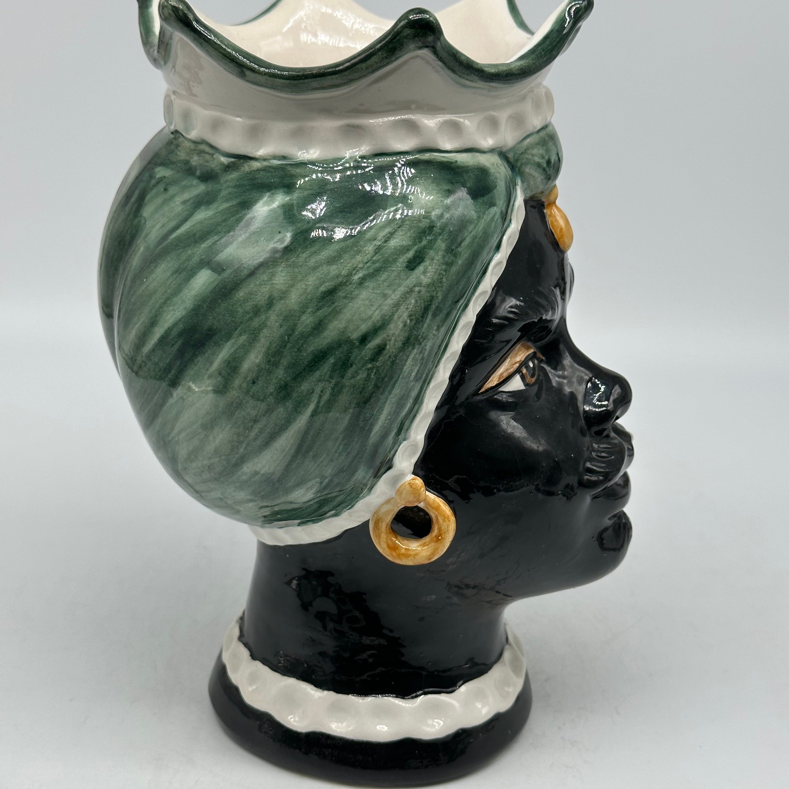 FINE SERIE - Testa di Moro Luis Ceramica Caltagirone cm H.22 L.15 Artigianale Turbante Liscio Verde UOMO - Donna