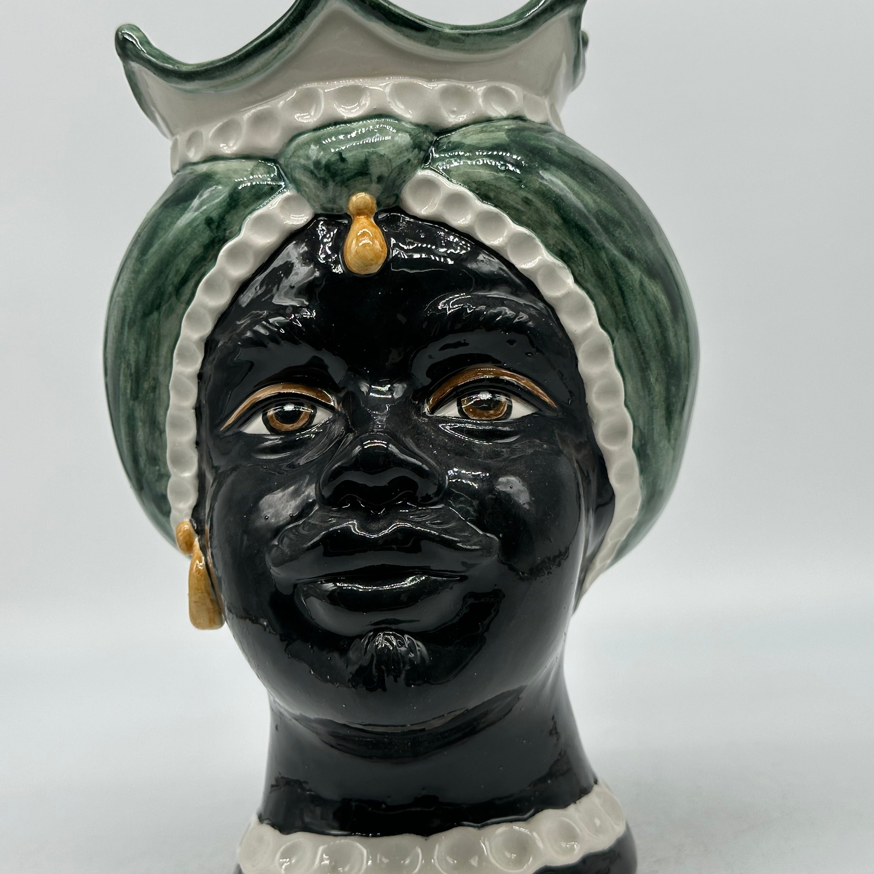 FINE SERIE - Testa di Moro Luis Ceramica Caltagirone cm H.22 L.15 Artigianale Turbante Liscio Verde UOMO - Donna