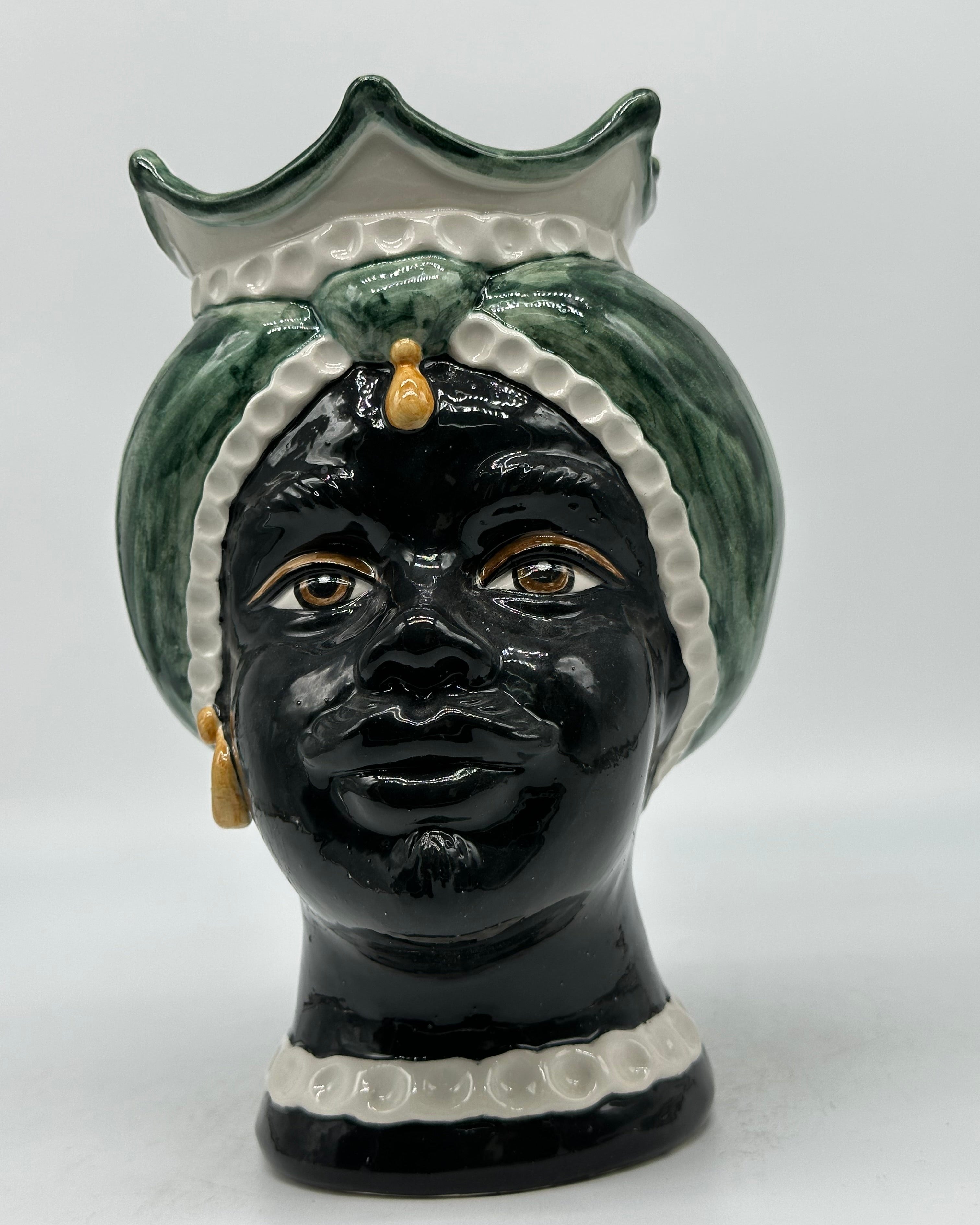 FINE SERIE - Testa di Moro Luis Ceramica Caltagirone cm H.22 L.15 Artigianale Turbante Liscio Verde UOMO - Donna