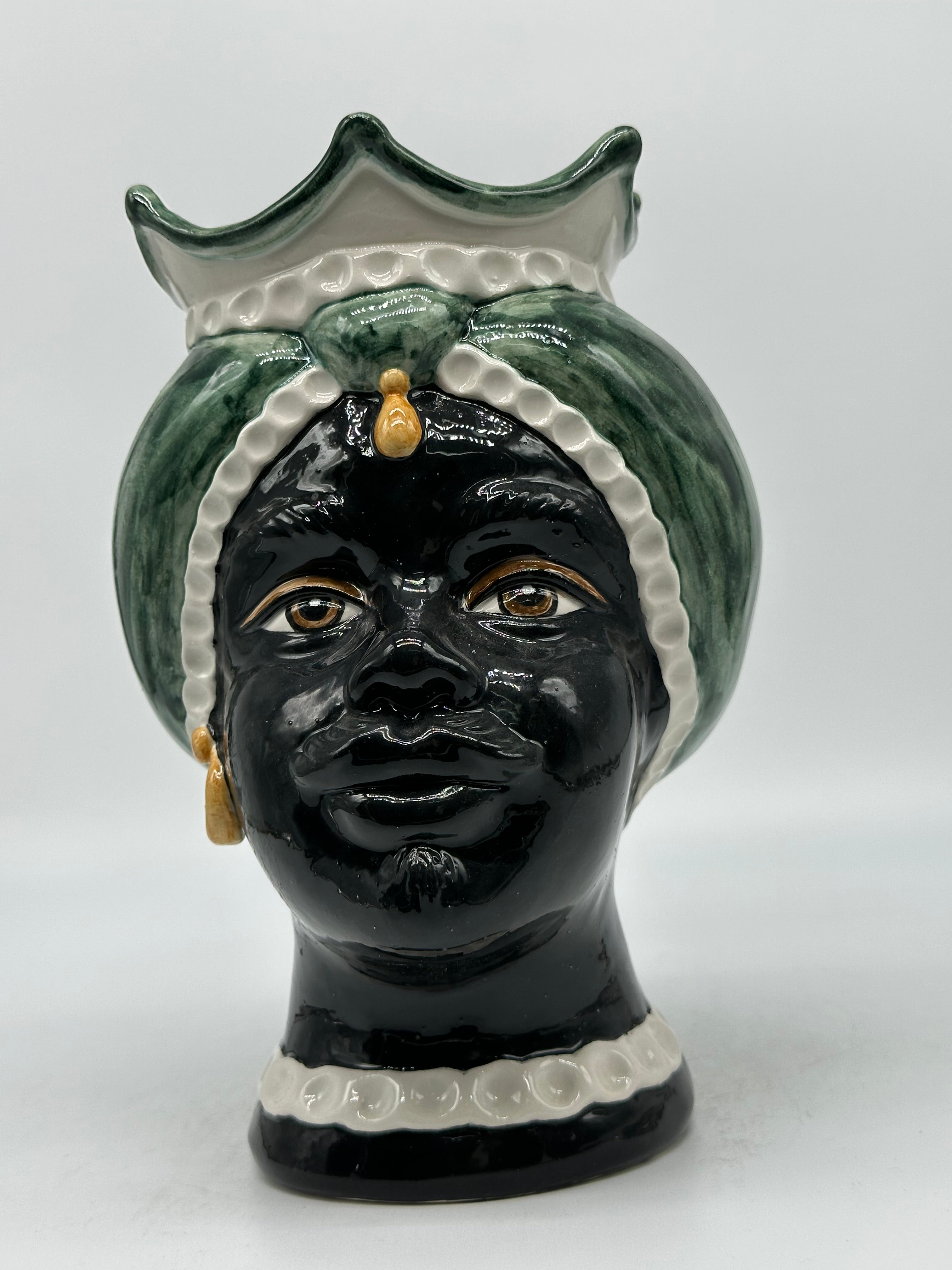 FINE SERIE - Testa di Moro Luis Ceramica Caltagirone cm H.22 L.15 Artigianale Turbante Liscio Verde UOMO - Donna