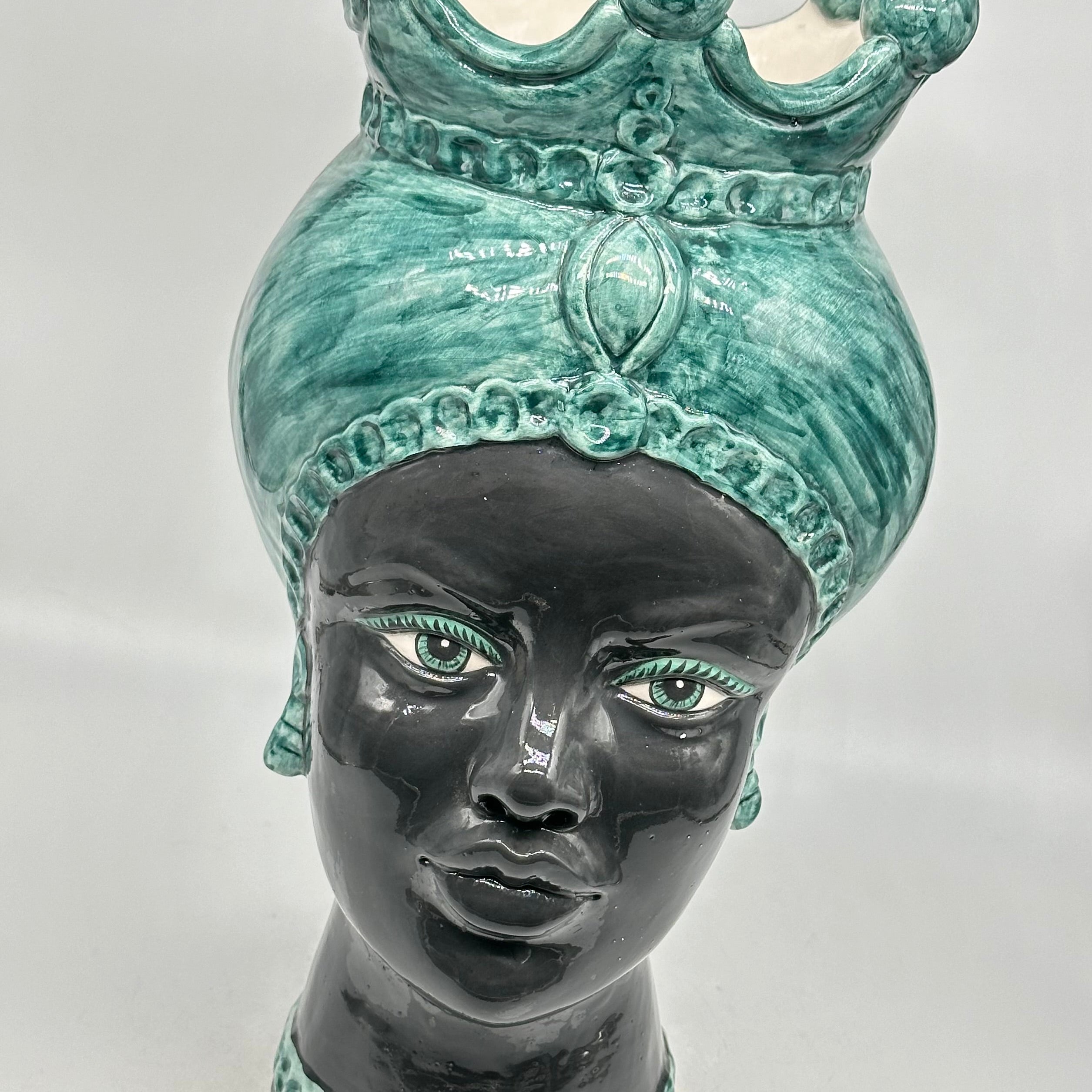 FINE SERIE - Testa di Moro Luis Ceramica Caltagirone cm H.44 L.23 Artigianale Turbante Verde Antico DONNA - Donna