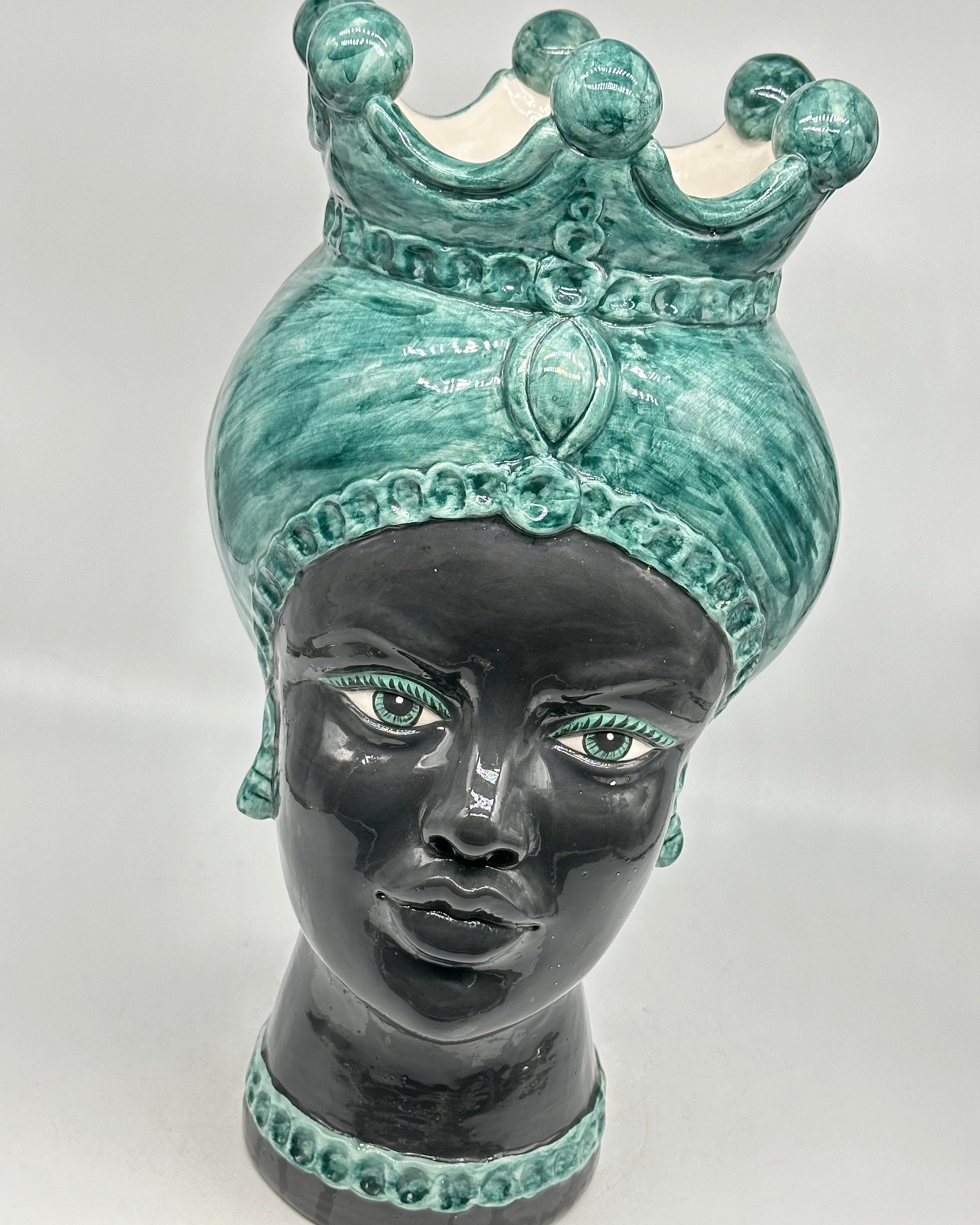 FINE SERIE - Testa di Moro Luis Ceramica Caltagirone cm H.44 L.23 Artigianale Turbante Verde Antico DONNA - Donna