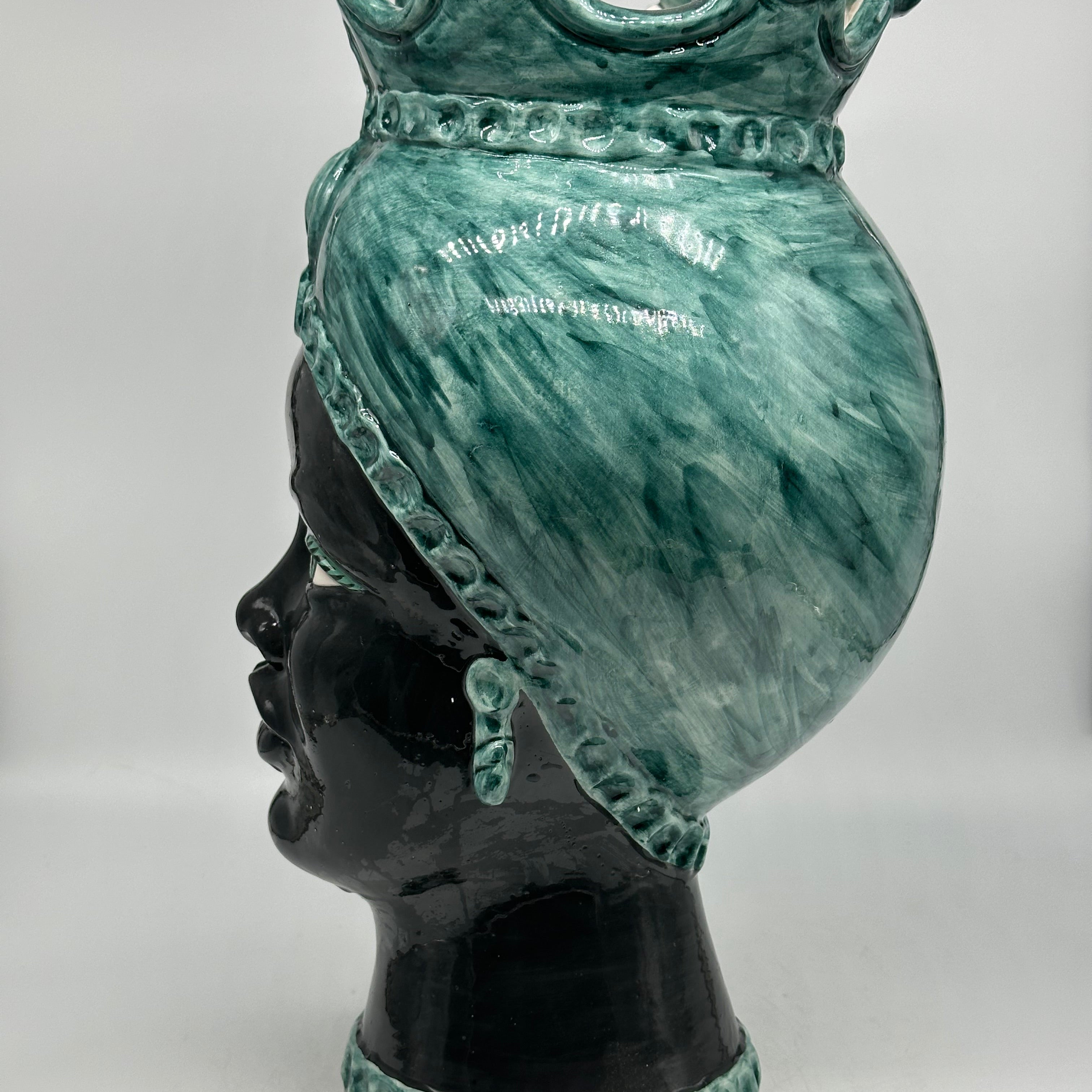 FINE SERIE - Testa di Moro Luis Ceramica Caltagirone cm H.44 L.23 Artigianale Turbante Verde Antico DONNA - Donna