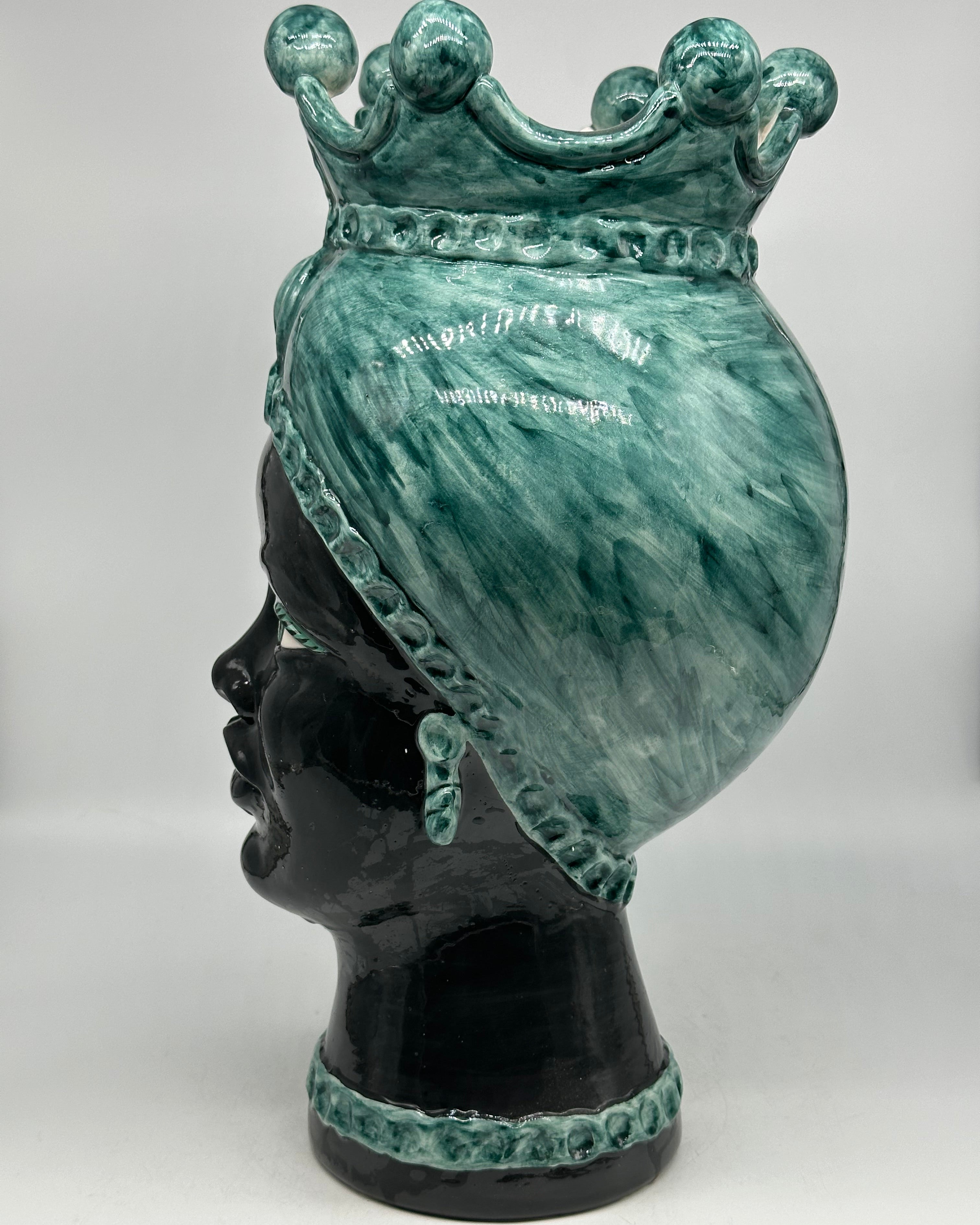 FINE SERIE - Testa di Moro Luis Ceramica Caltagirone cm H.44 L.23 Artigianale Turbante Verde Antico DONNA - Donna