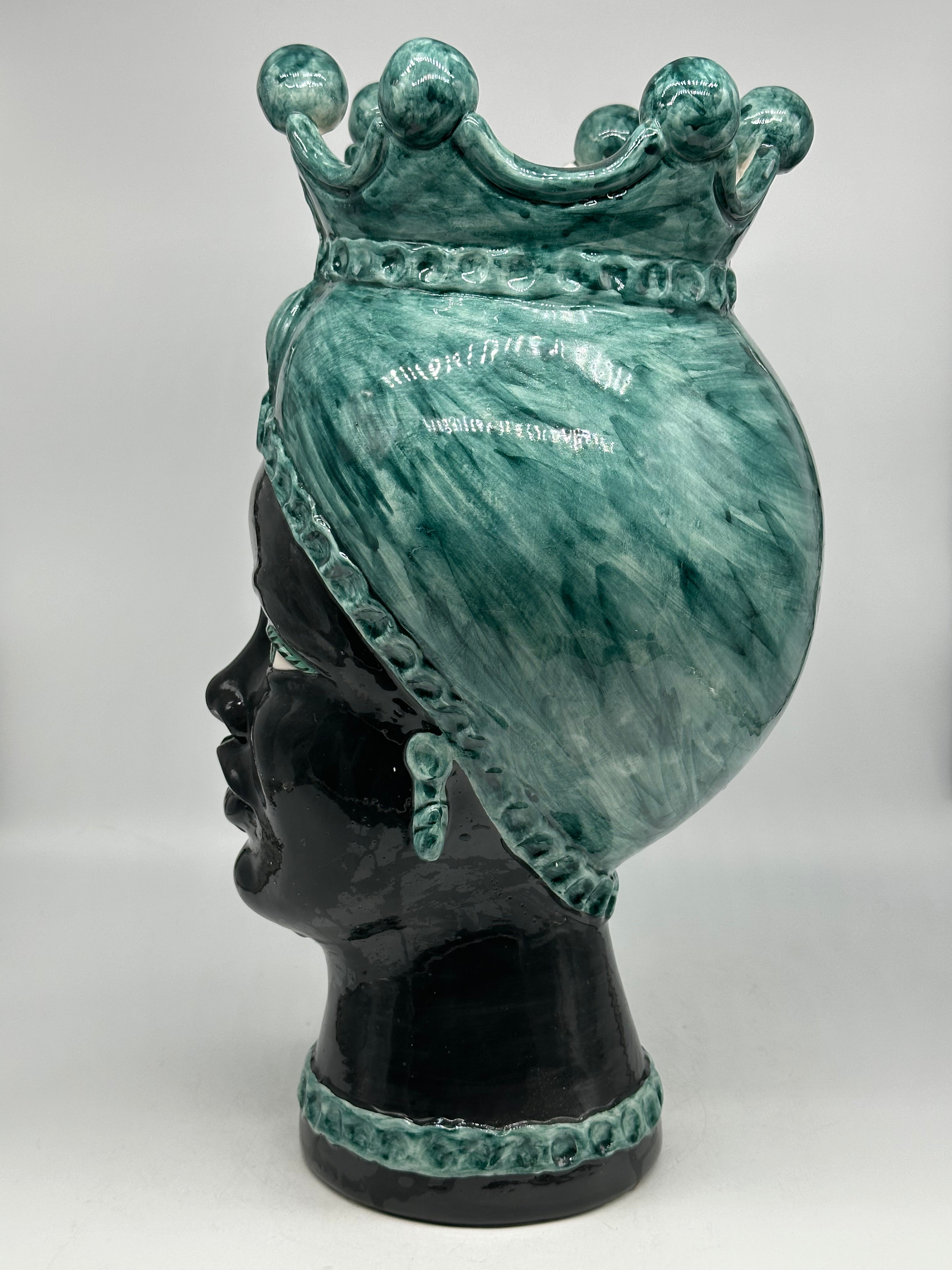 FINE SERIE - Testa di Moro Luis Ceramica Caltagirone cm H.44 L.23 Artigianale Turbante Verde Antico DONNA - Donna