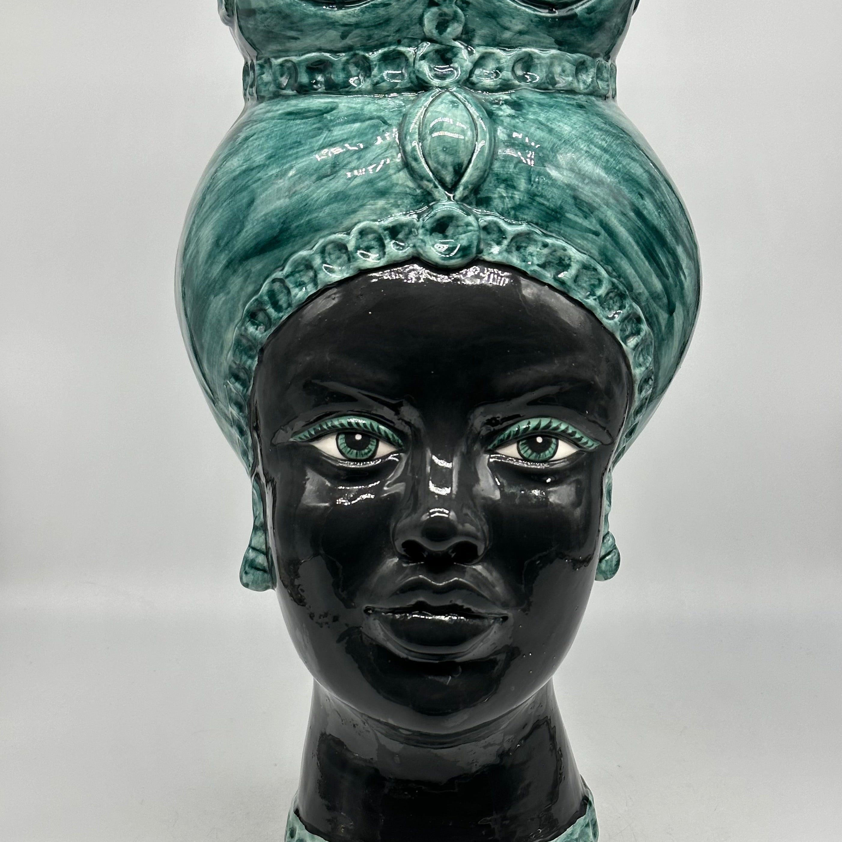 FINE SERIE - Testa di Moro Luis Ceramica Caltagirone cm H.44 L.23 Artigianale Turbante Verde Antico DONNA - Donna