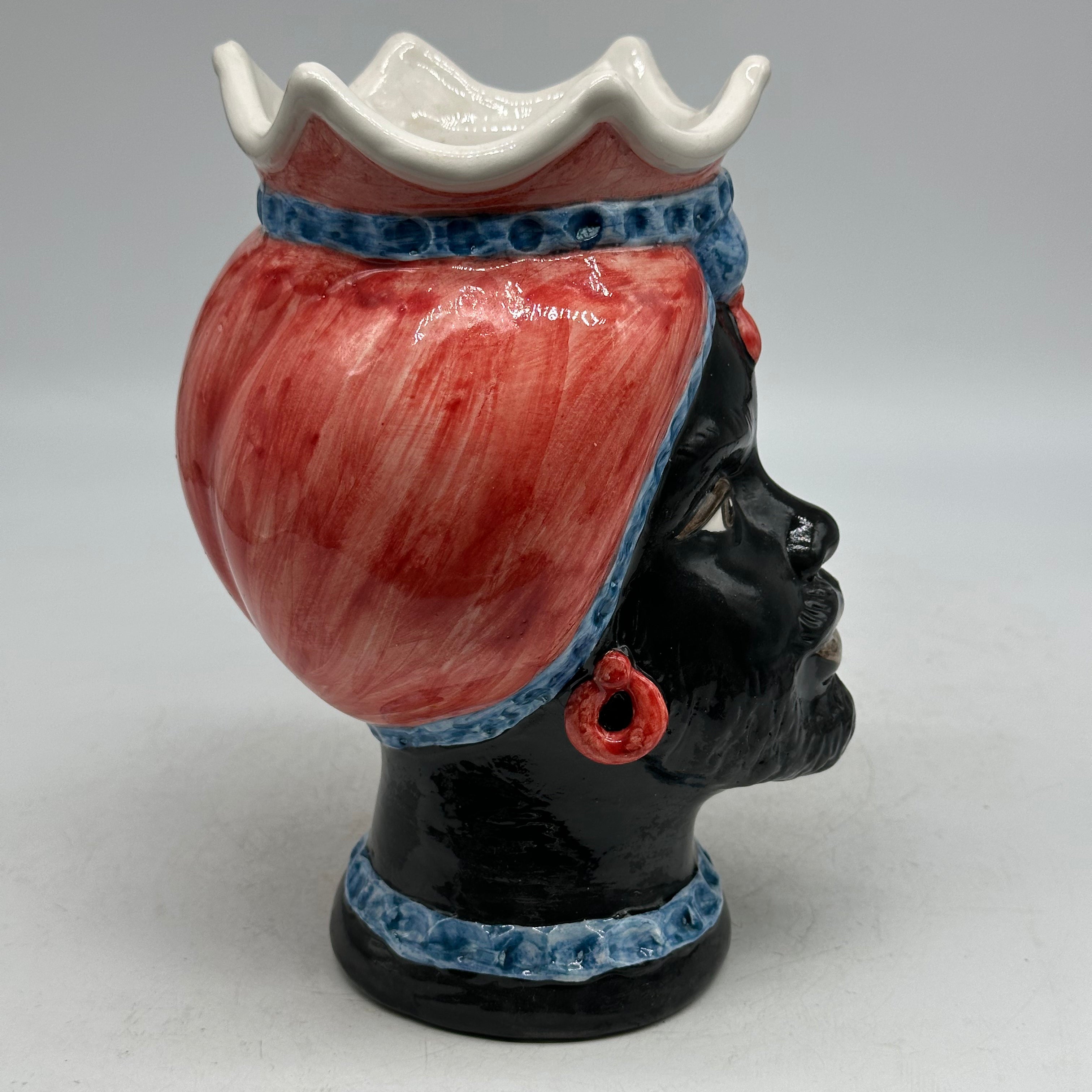 FINE SERIE - Testa di Moro Luis Uomo Ceramica Caltagirone cm H.22 L.15 Artigianale Turbante Rosso Blu - TESTE DI MORO
