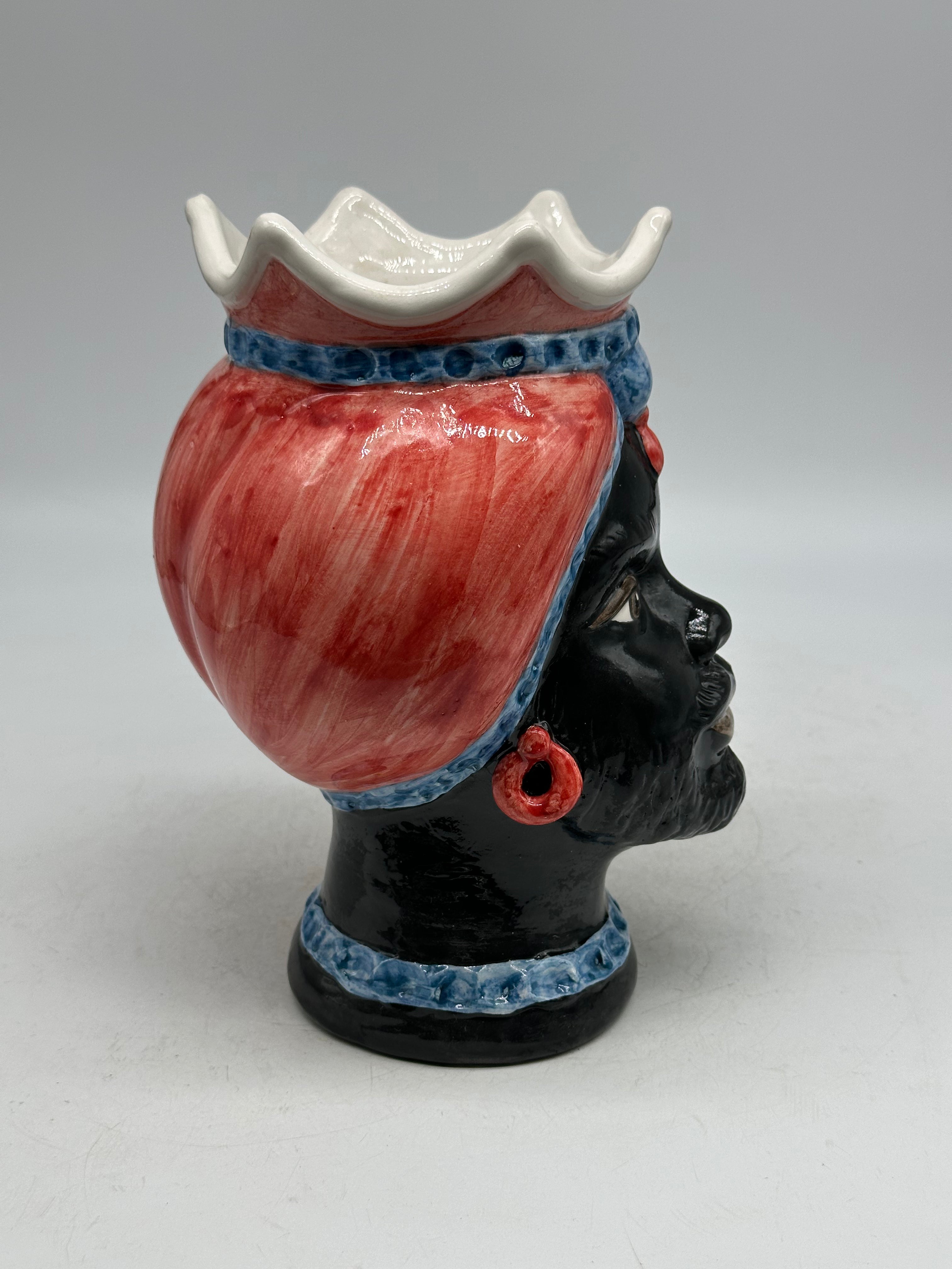 FINE SERIE - Testa di Moro Luis Uomo Ceramica Caltagirone cm H.22 L.15 Artigianale Turbante Rosso Blu - TESTE DI MORO