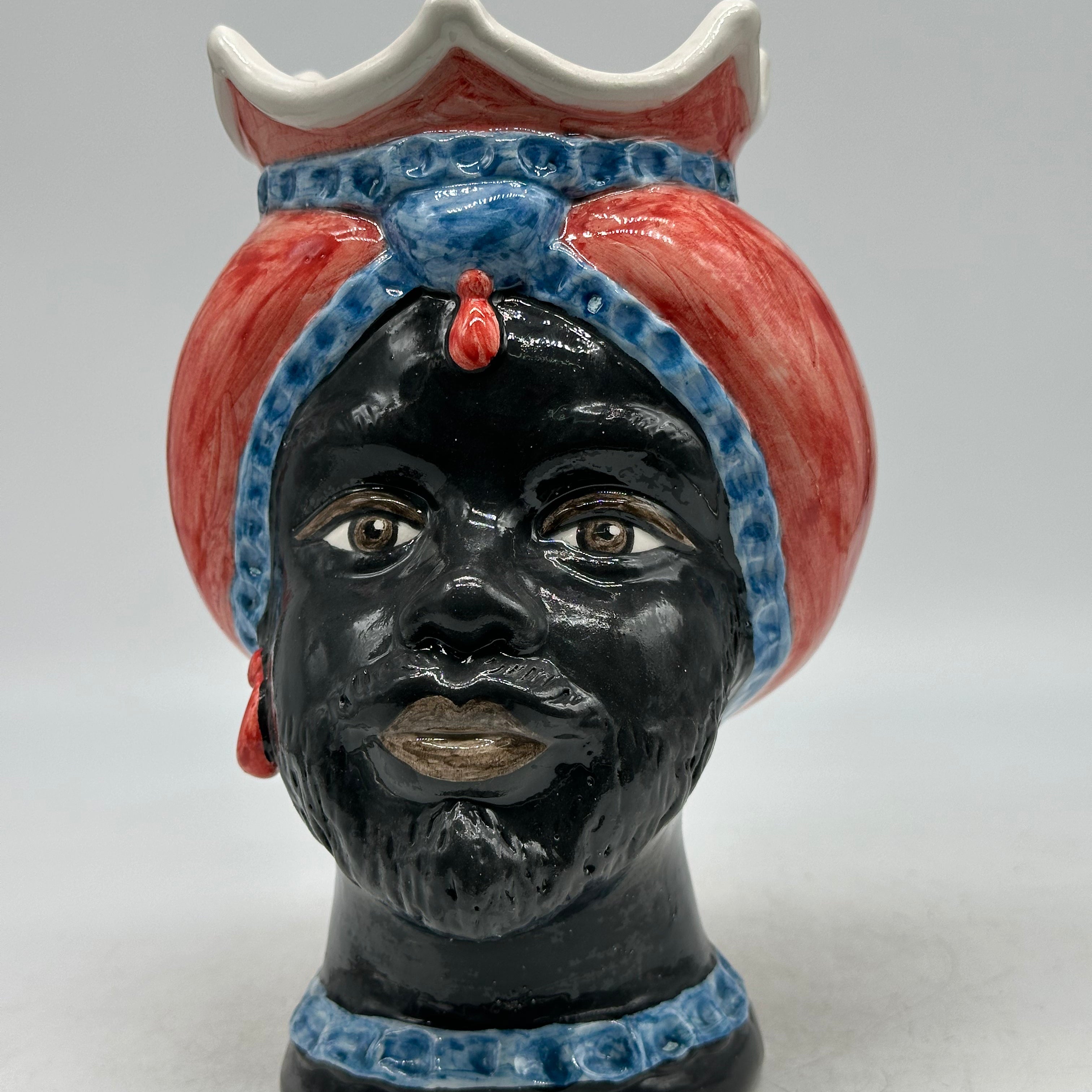FINE SERIE - Testa di Moro Luis Uomo Ceramica Caltagirone cm H.22 L.15 Artigianale Turbante Rosso Blu - TESTE DI MORO