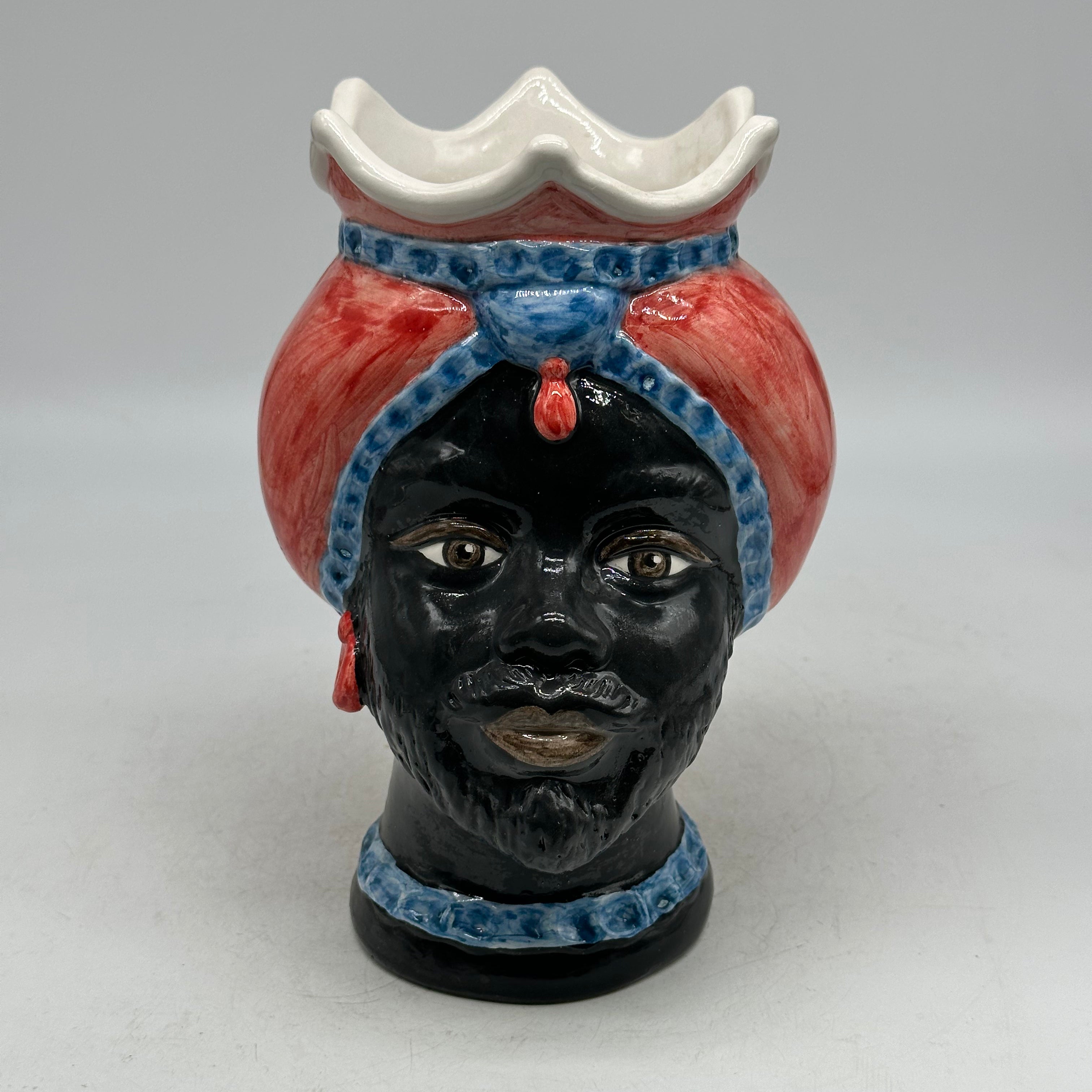 FINE SERIE - Testa di Moro Luis Uomo Ceramica Caltagirone cm H.22 L.15 Artigianale Turbante Rosso Blu - TESTE DI MORO