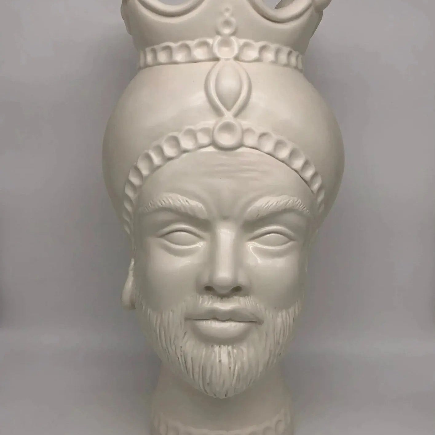 FINE SERIE - Testa di Moro Luis Uomo Ceramica Caltagirone cm H.44 L.23 Artigianale Turbante Liscio Bianco Opaco - Uomo