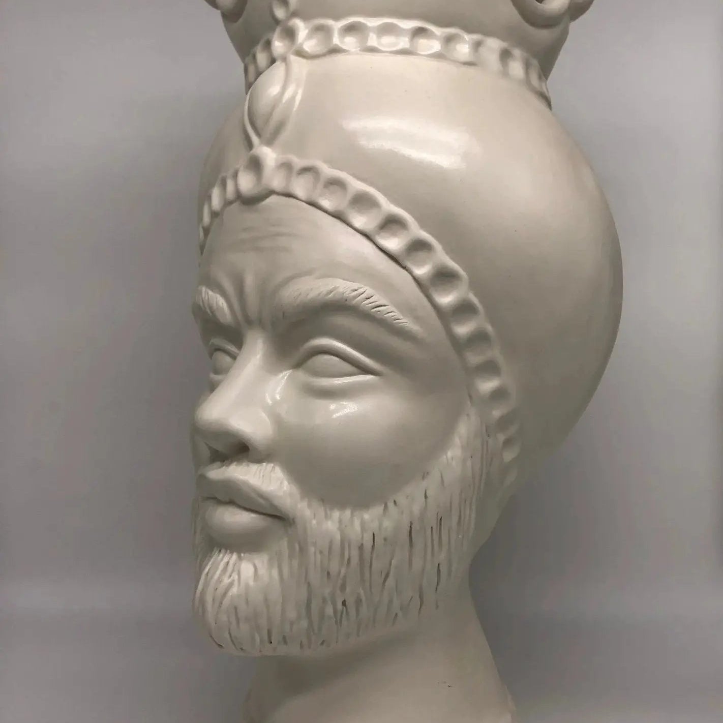FINE SERIE - Testa di Moro Luis Uomo Ceramica Caltagirone cm H.44 L.23 Artigianale Turbante Liscio Bianco Opaco - Uomo