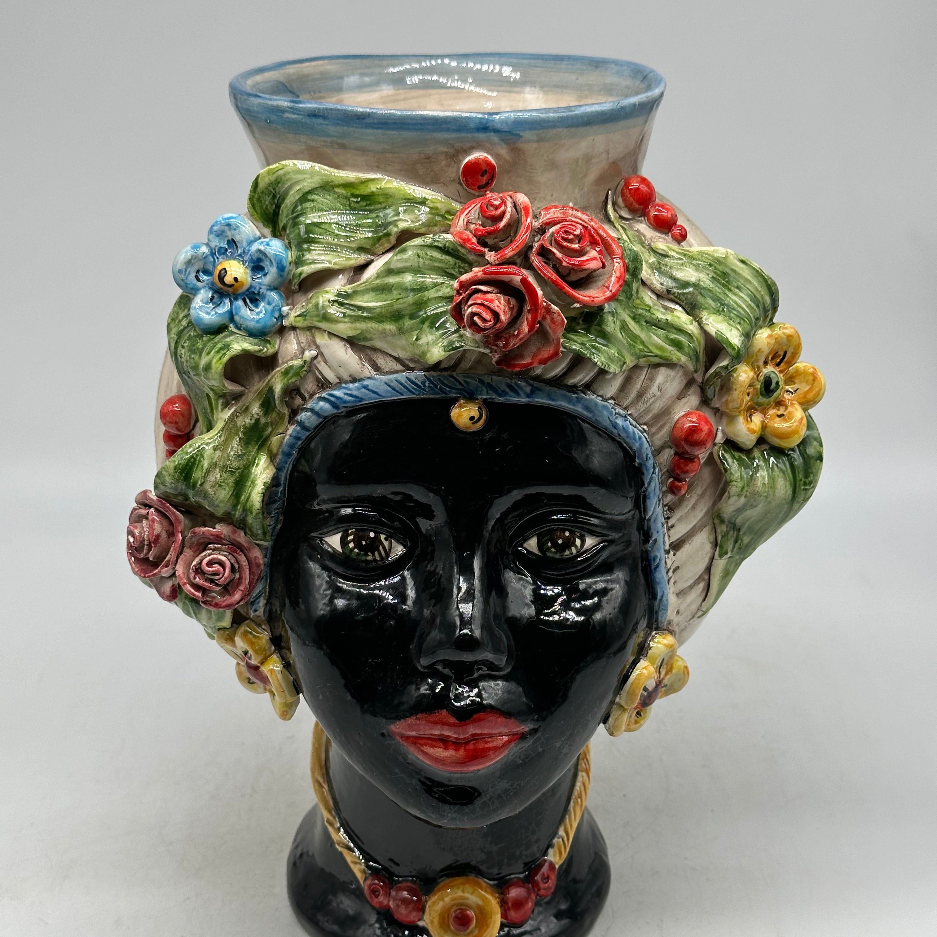 FINE SERIE - Testa di Moro Mediterraneo Colorata Donna Ceramica Caltagirone cm H.29 L.22 Artigianale - TESTE DI MORO