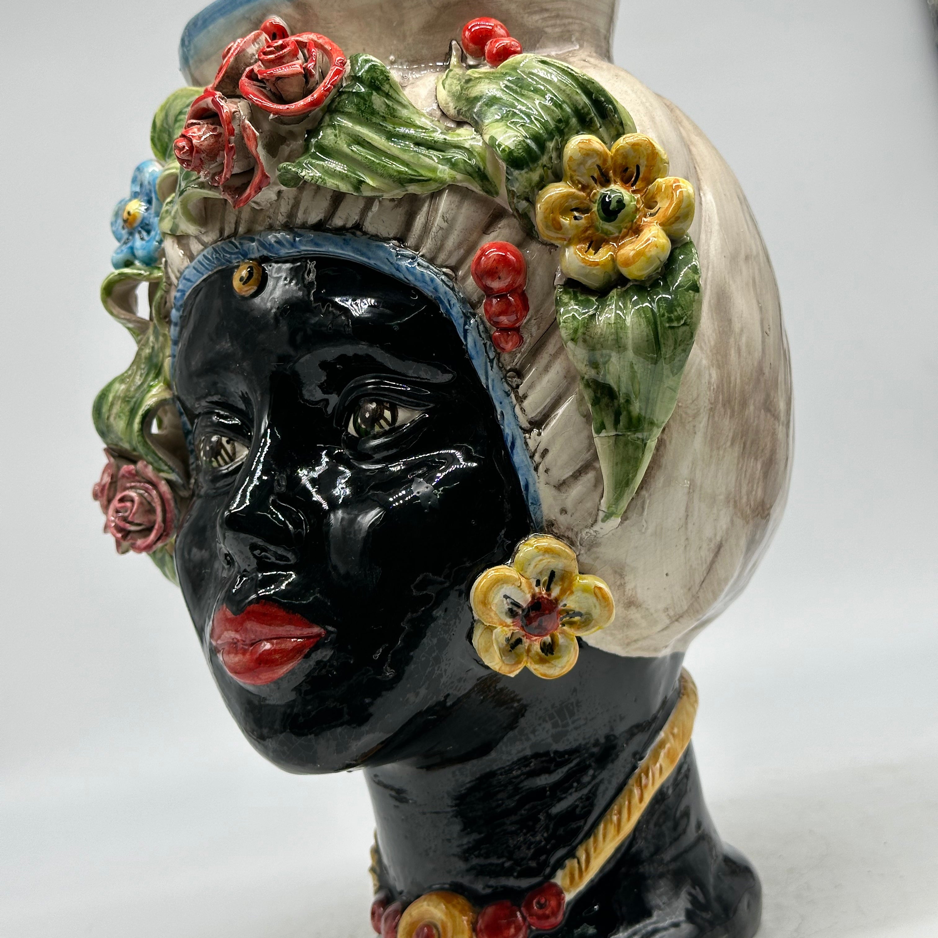 FINE SERIE - Testa di Moro Mediterraneo Colorata Donna Ceramica Caltagirone cm H.29 L.22 Artigianale - TESTE DI MORO