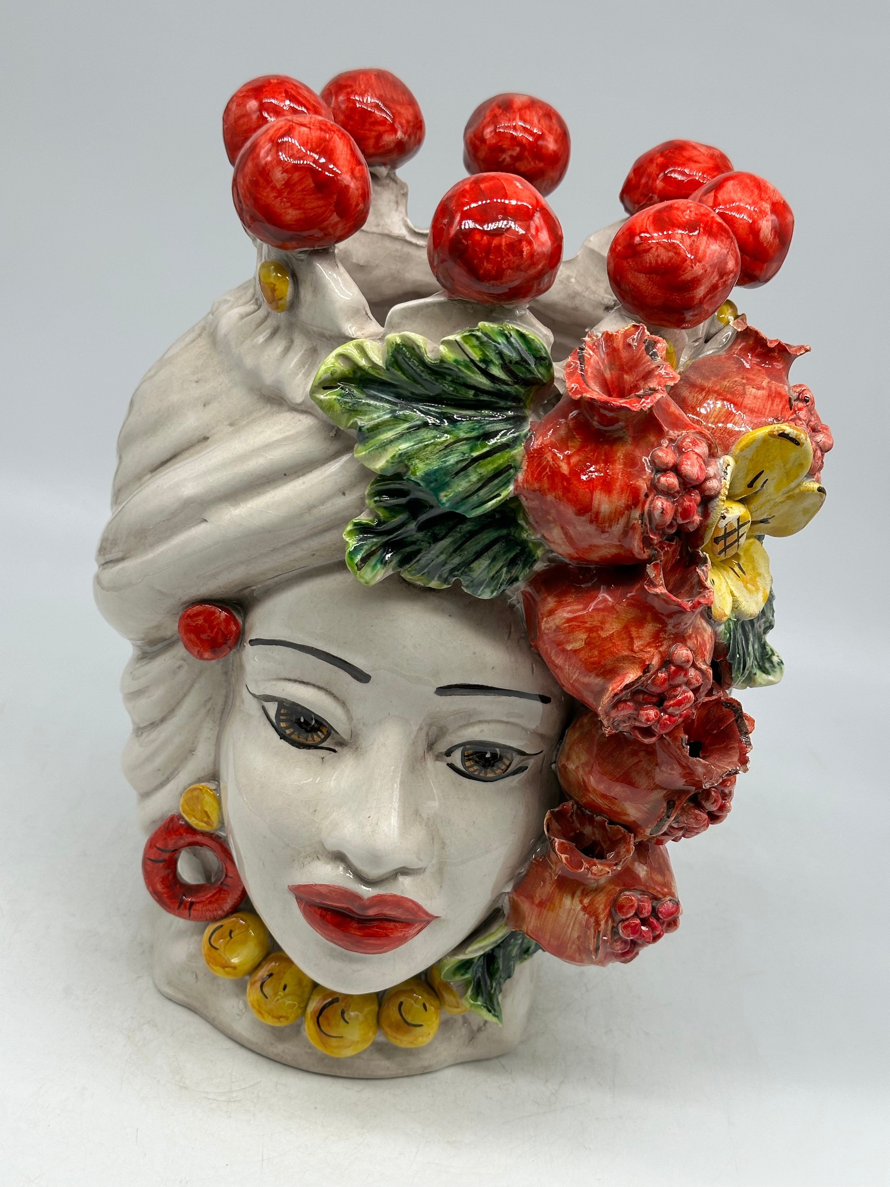FINE SERIE - Testa di Moro Melograni Donna Ceramica Caltagirone cm H.30 L.23 Artigianale - TESTE DI MORO