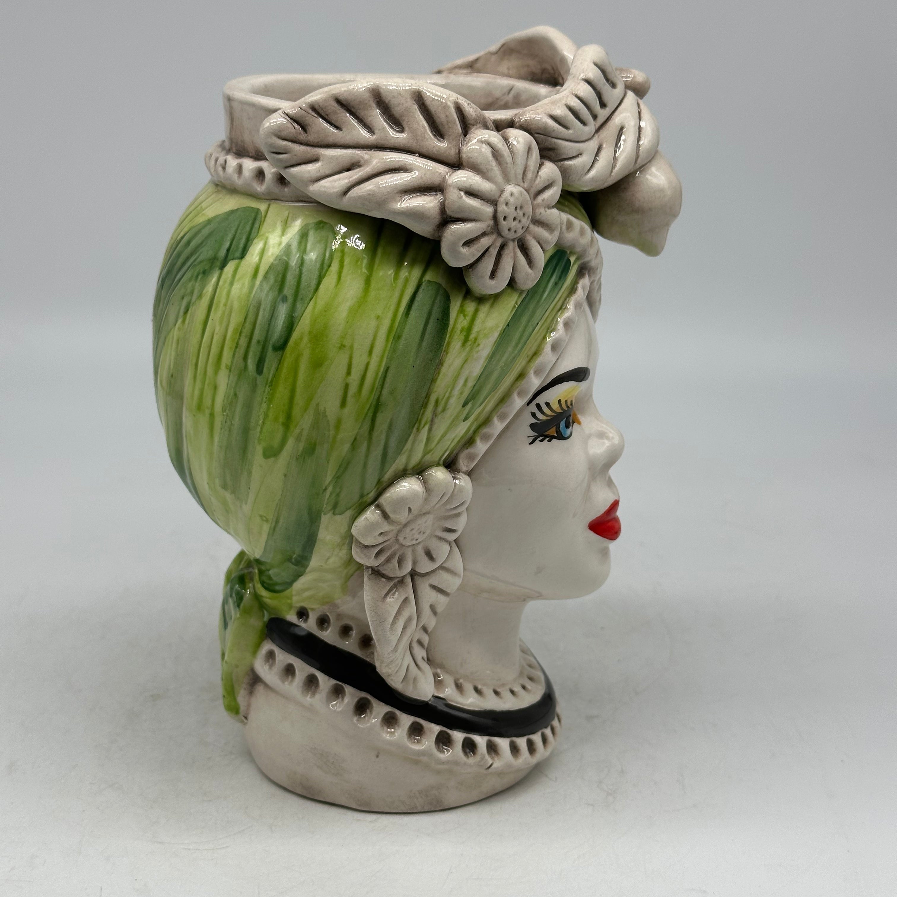 FINE SERIE - Testa di Moro Moresca Donna Ceramica Caltagirone cm H.20 L.12 Artigianale Turbante Verde - Donna - TESTE