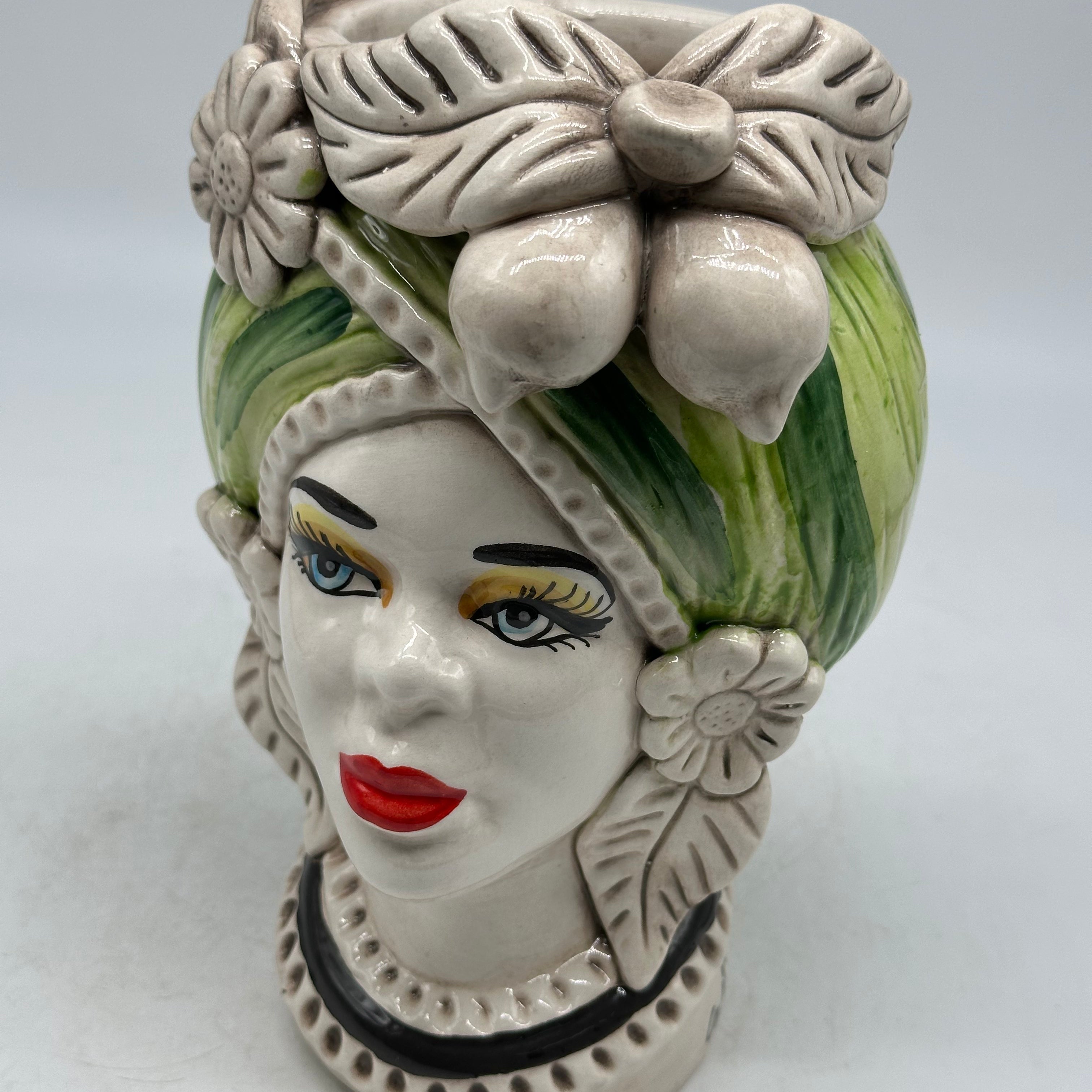 FINE SERIE - Testa di Moro Moresca Donna Ceramica Caltagirone cm H.20 L.12 Artigianale Turbante Verde - Donna - TESTE