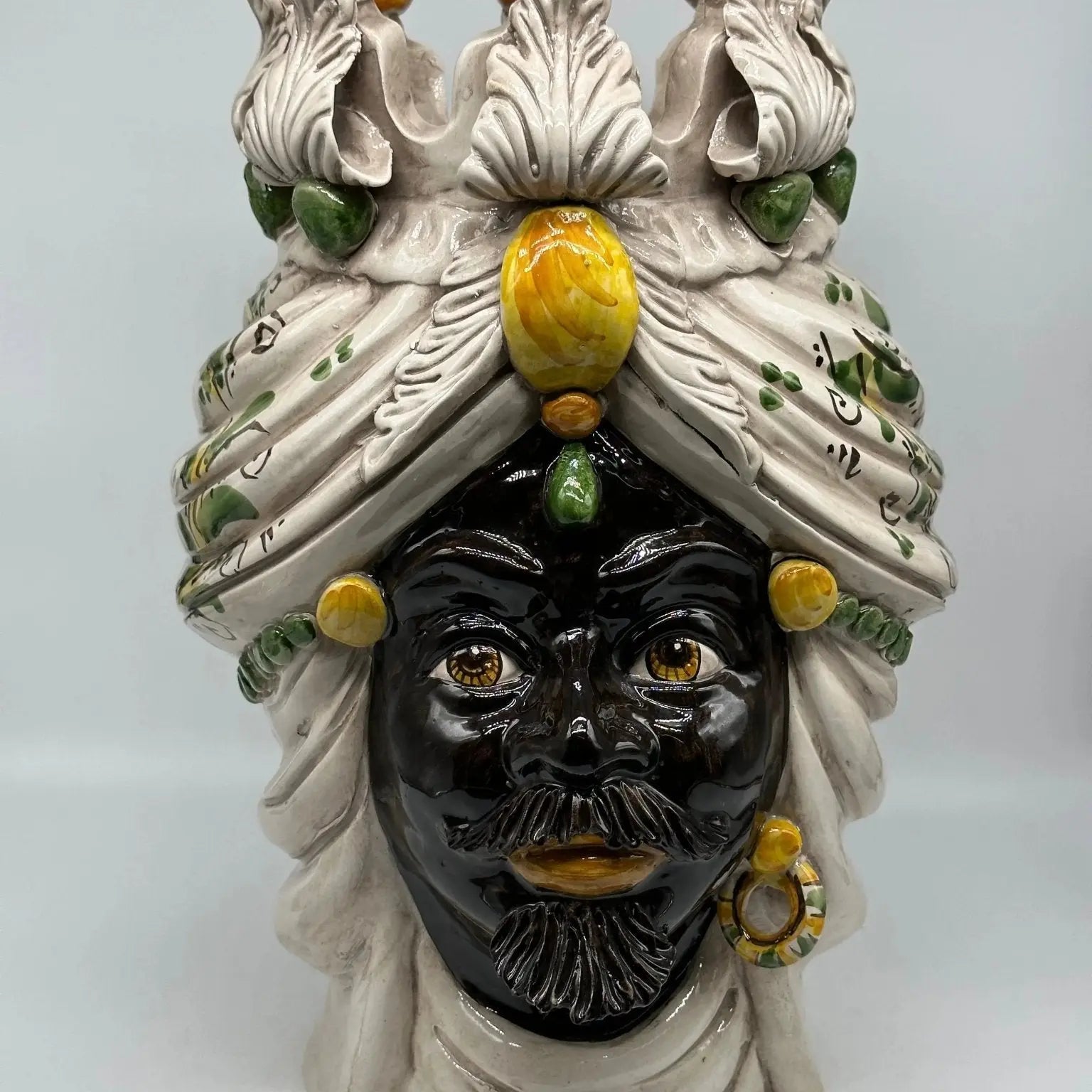 FINE SERIE - Testa di Moro Seicento Ceramica Caltagirone cm H.40 L.26 Artigianale Giallo Verde - Uomo - TESTA DI MORO