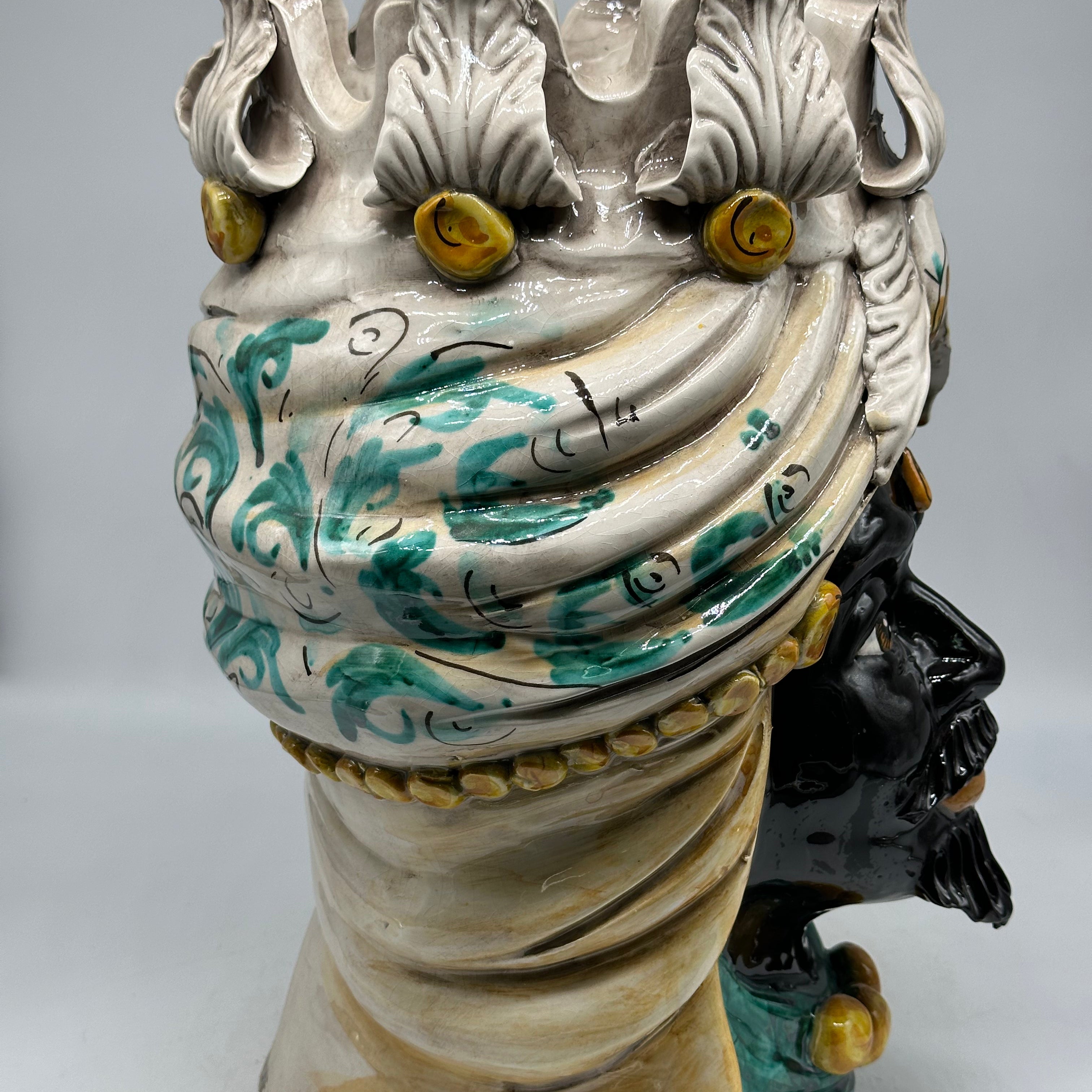 FINE SERIE - Testa di Moro Seicento Ceramica Caltagirone cm H.40 L.26 Artigianale Verde Ocra - Uomo - TESTE DI MORO