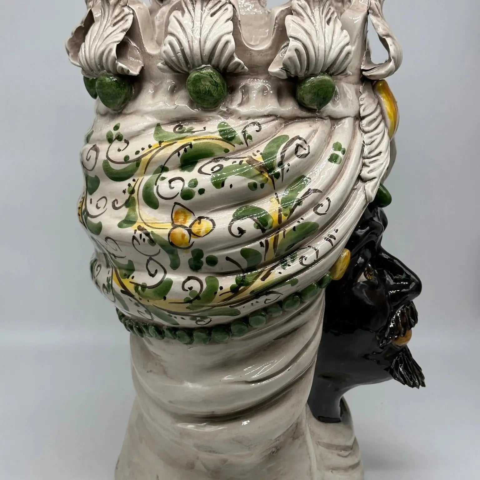 FINE SERIE - Testa di Moro Seicento Ceramica Caltagirone cm H.40 L.26 Artigianale Giallo Verde - Uomo - TESTA DI MORO