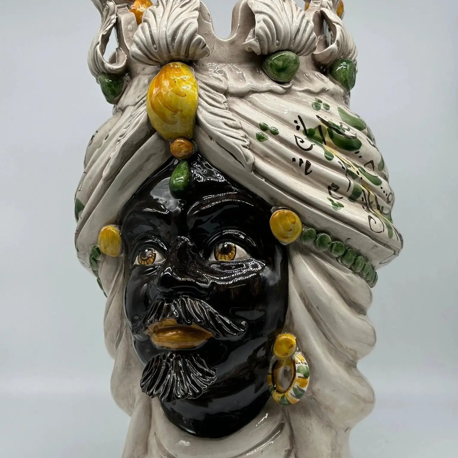 FINE SERIE - Testa di Moro Seicento Ceramica Caltagirone cm H.40 L.26 Artigianale Giallo Verde - Uomo - TESTA DI MORO