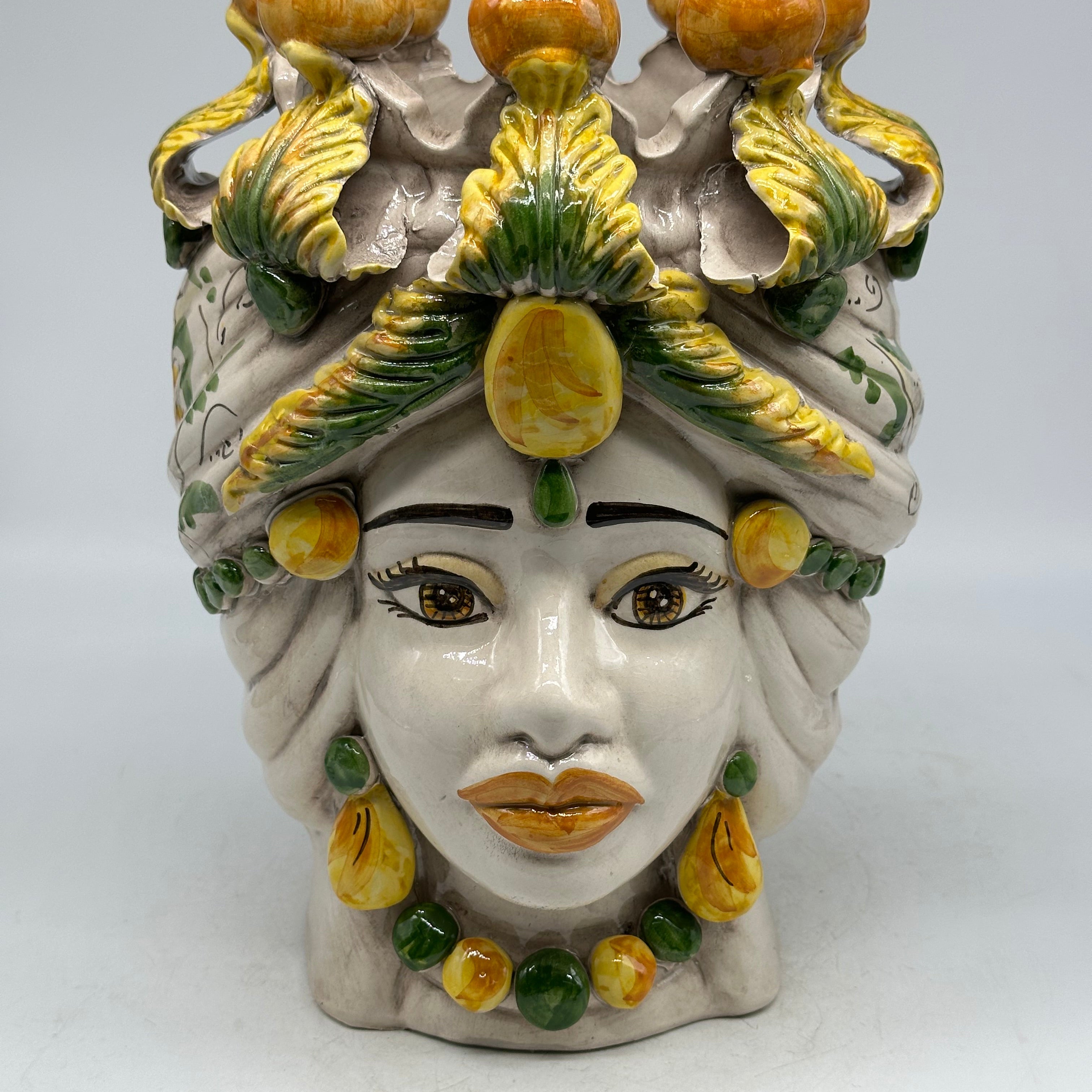 FINE SERIE - Testa di Moro Seicento Donna Ceramica Caltagirone cm H.30 L.20 Artigianale Verde Giallo - TESTE DI MORO