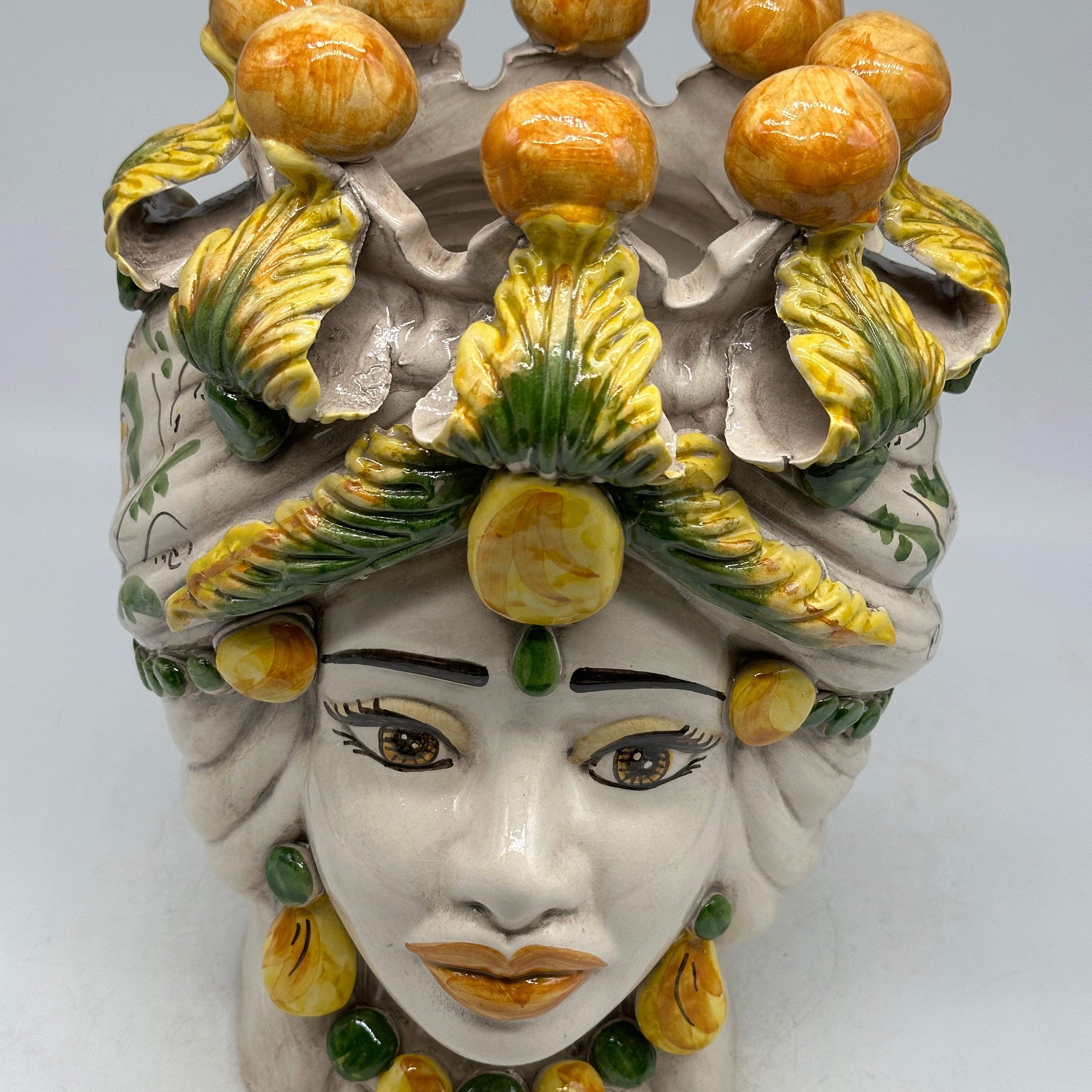 FINE SERIE - Testa di Moro Seicento Donna Ceramica Caltagirone cm H.30 L.20 Artigianale Verde Giallo - TESTE DI MORO