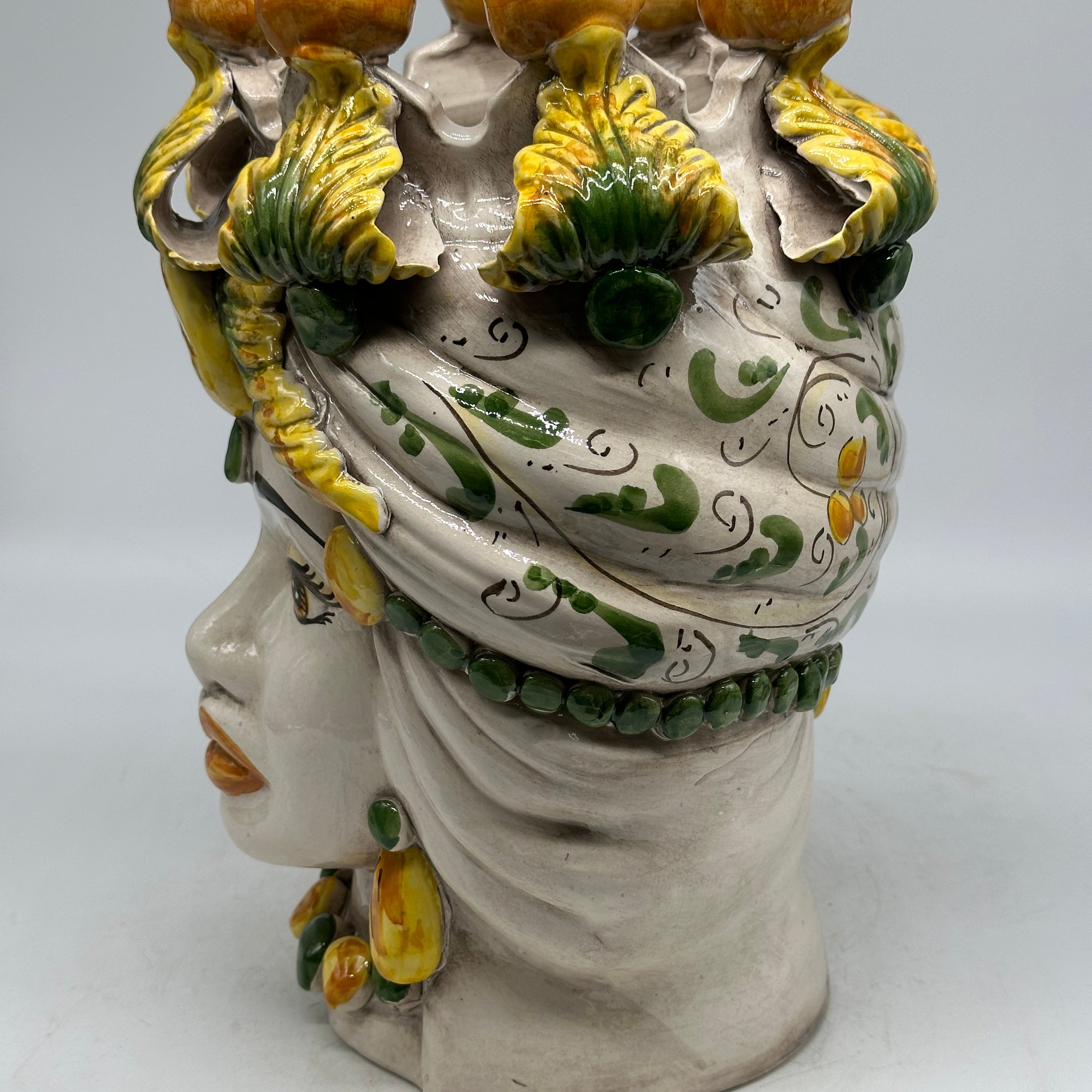 FINE SERIE - Testa di Moro Seicento Donna Ceramica Caltagirone cm H.30 L.20 Artigianale Verde Giallo - TESTE DI MORO