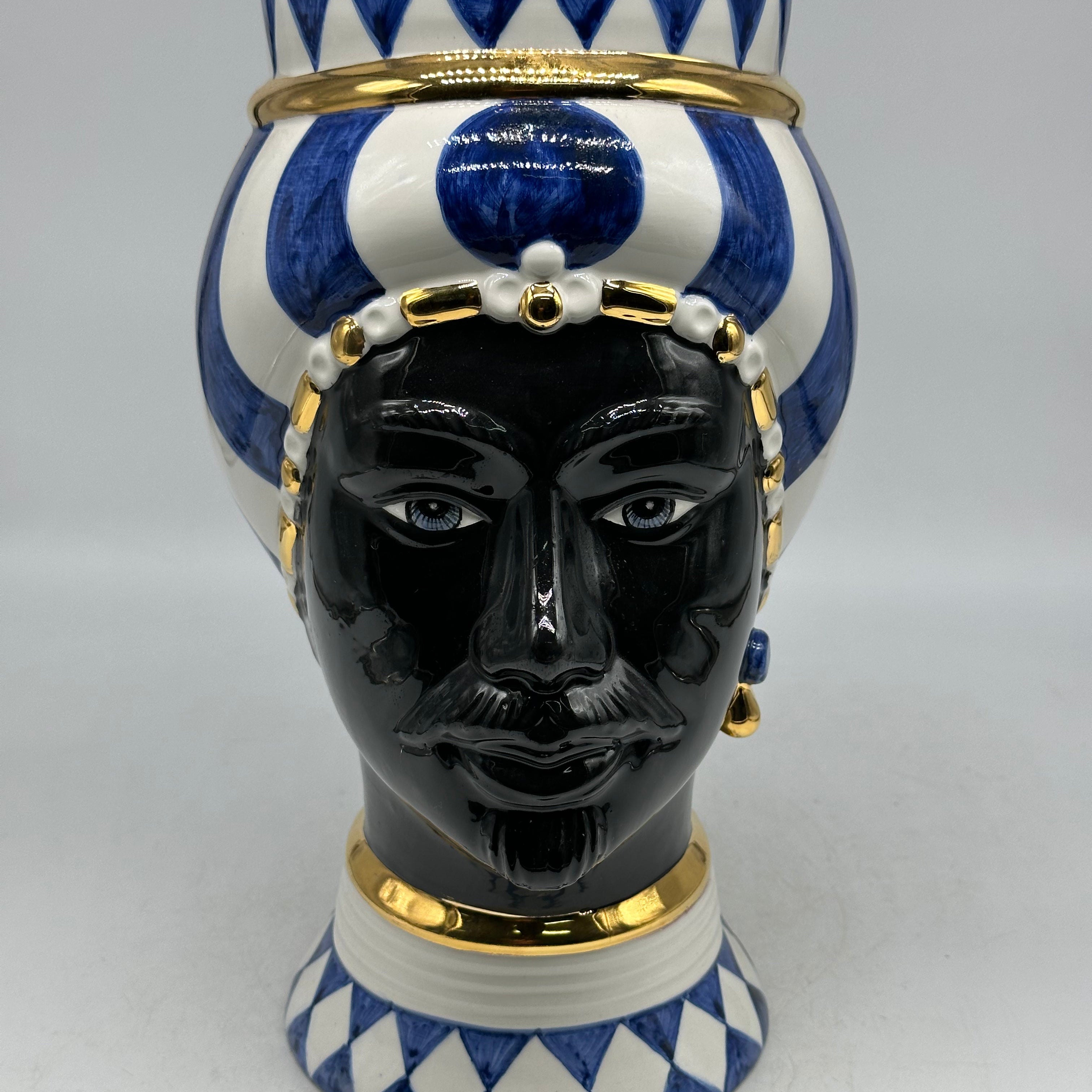 FINE SERIE - Testa di Moro Token Uomo Ceramica Caltagirone cm H.31 L.18 Artigianale Blu Bianco Oro - TESTE DI MORO