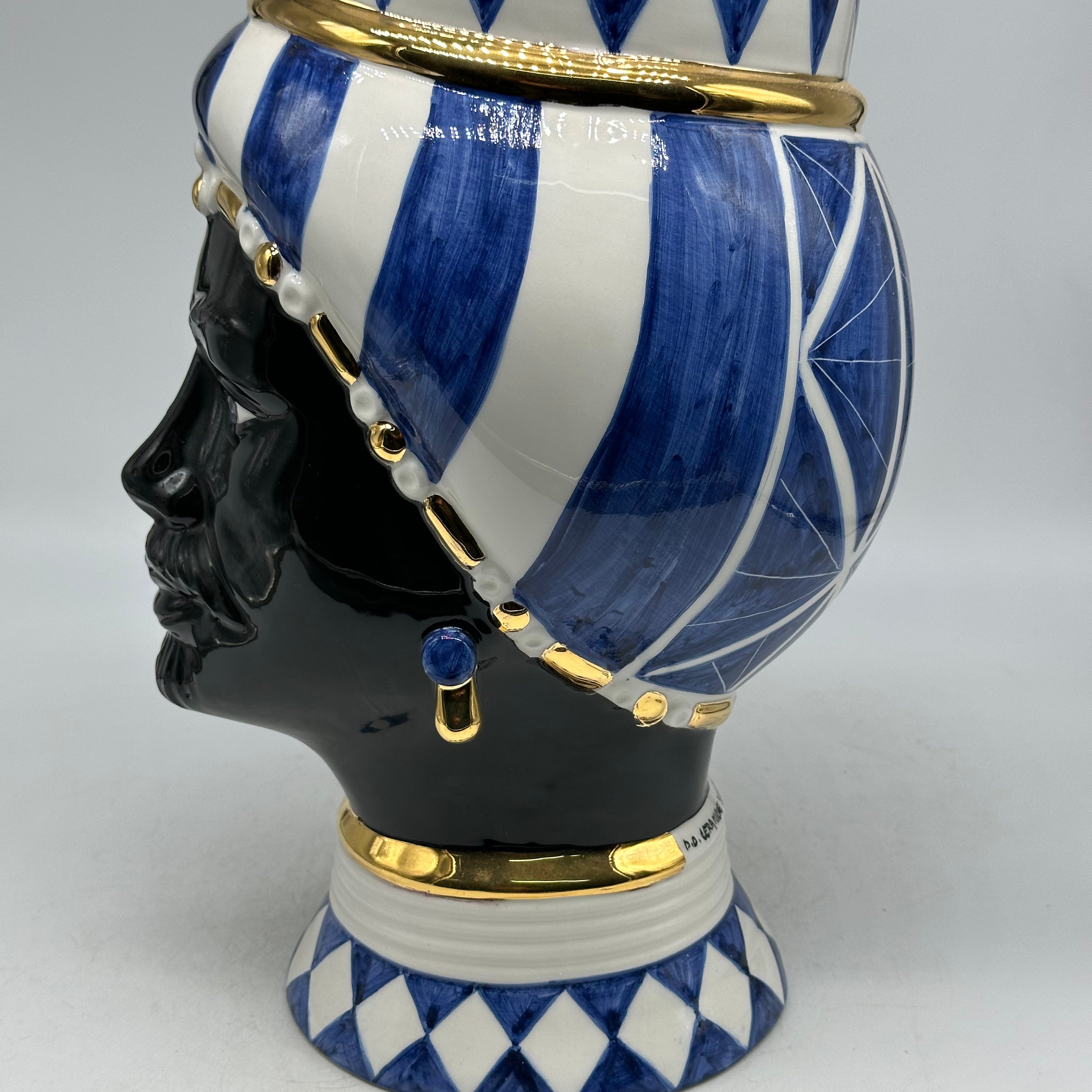FINE SERIE - Testa di Moro Token Uomo Ceramica Caltagirone cm H.31 L.18 Artigianale Blu Bianco Oro - TESTE DI MORO