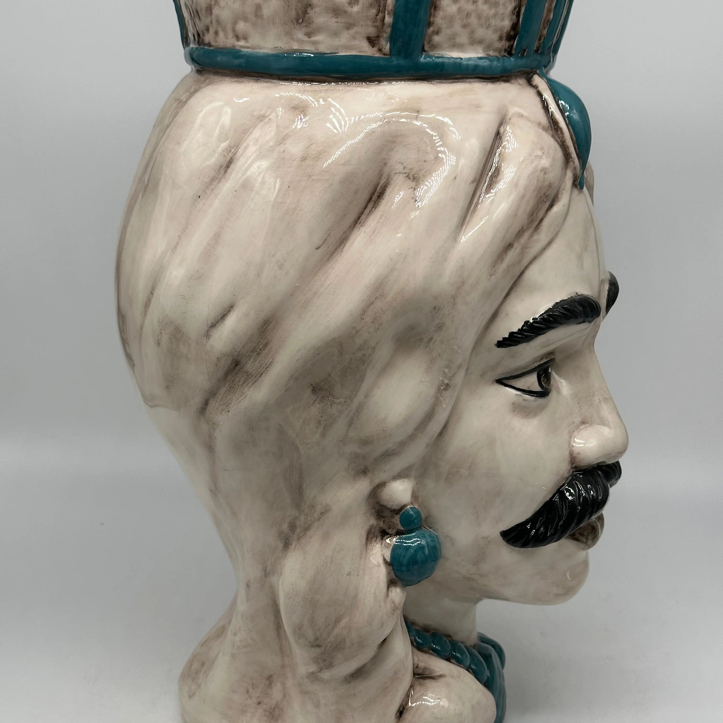 FINE SERIE - Testa di Moro Uomo Corona Retta Ceramica Caltagirone cm H.38 L.24 Artigianale dettagli Verde DD CERAMICHE SICILIANE
