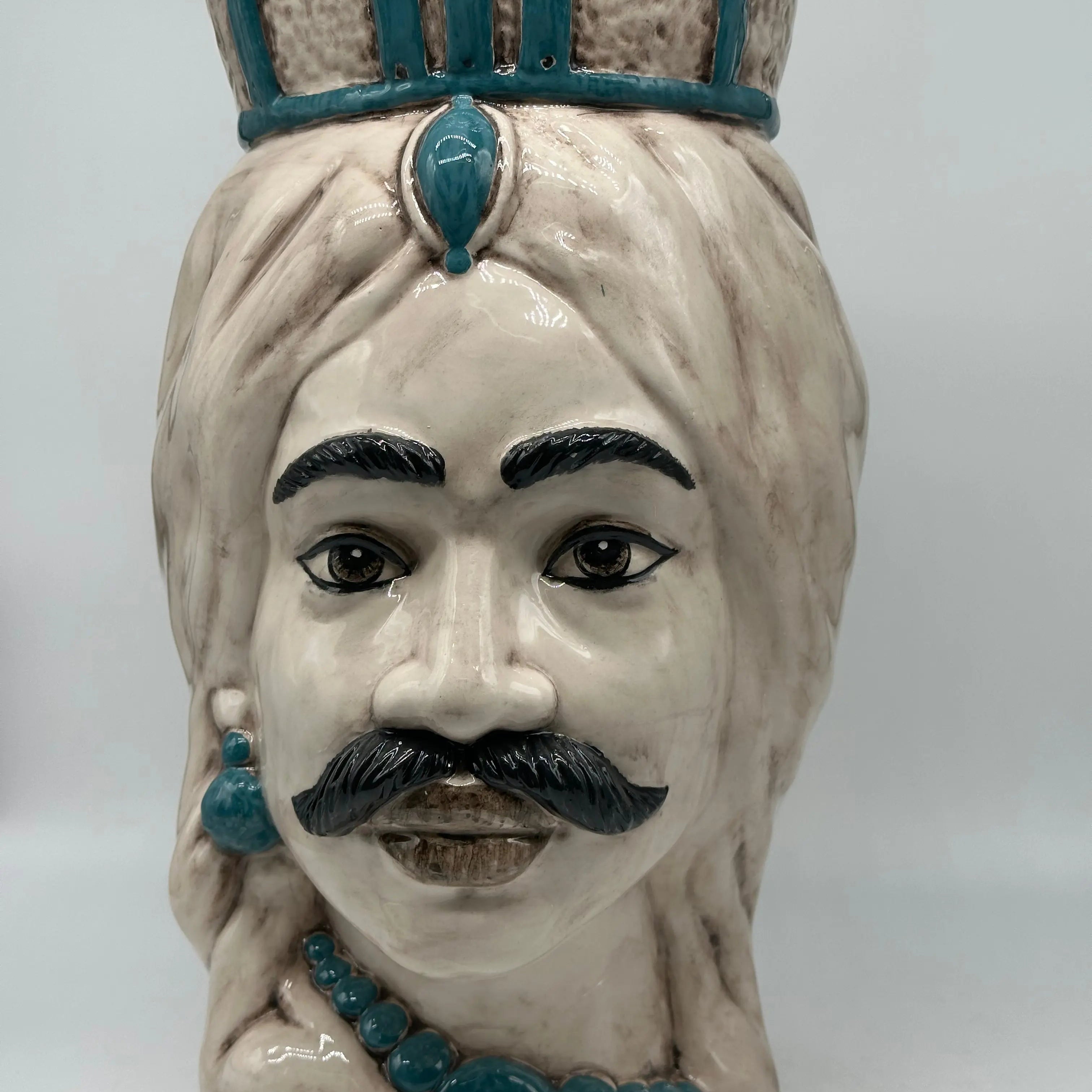 FINE SERIE - Testa di Moro Uomo Corona Retta Ceramica Caltagirone cm H.38 L.24 Artigianale dettagli Verde DD CERAMICHE SICILIANE