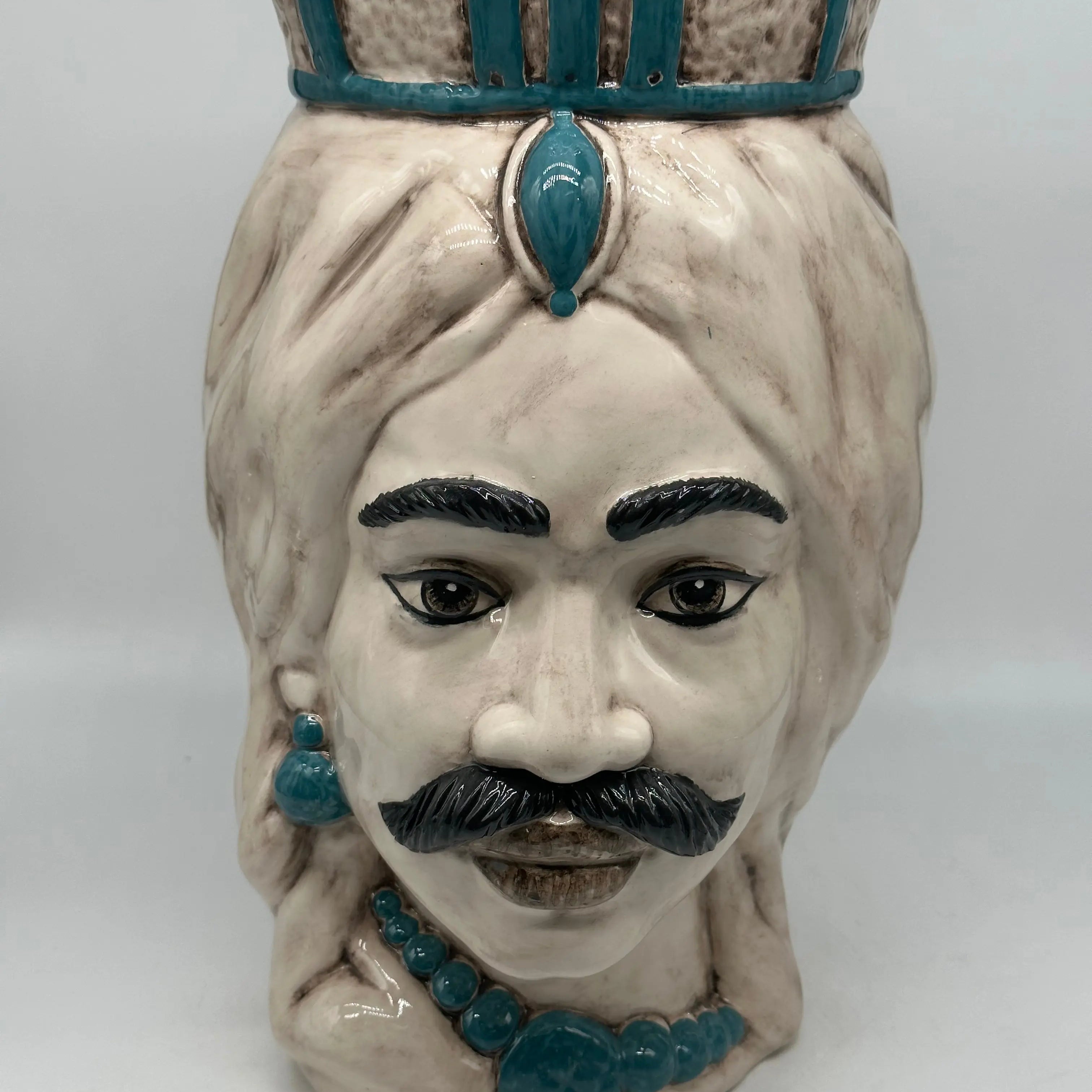 FINE SERIE - Testa di Moro Uomo Corona Retta Ceramica Caltagirone cm H.38 L.24 Artigianale dettagli Verde DD CERAMICHE SICILIANE