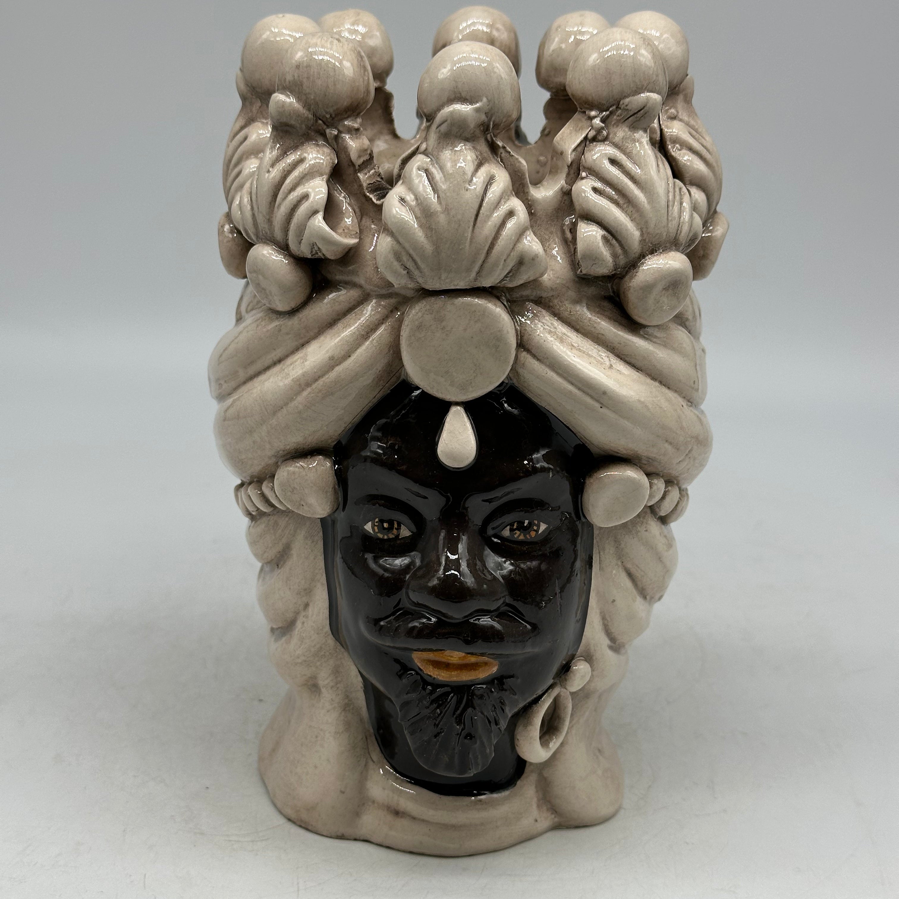 FINE SERIE - Testa di Moro Uomo Corona Sfere Avorio Ceramica Caltagirone cm H.20 L.12 Artigianale - TESTE DI MORO