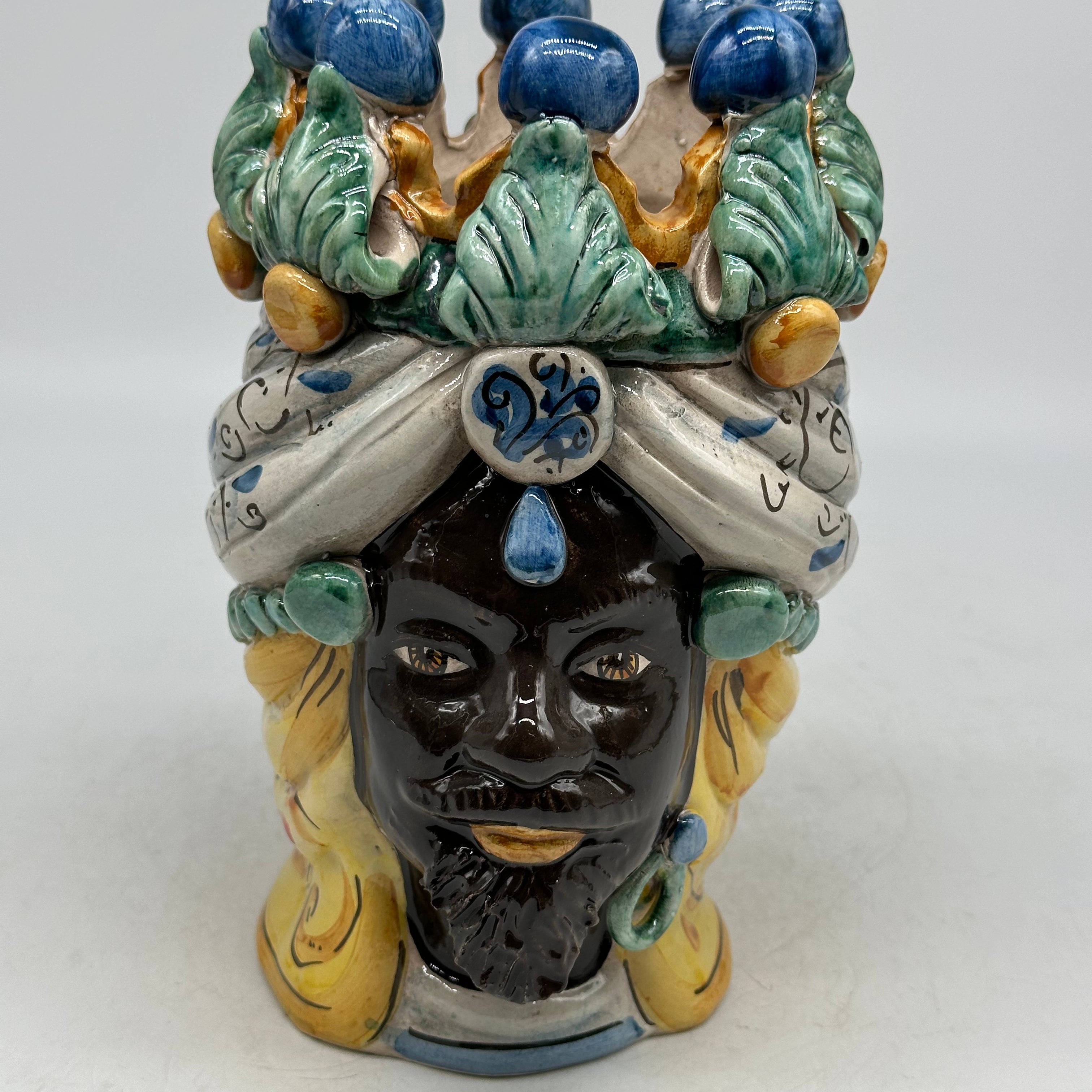 FINE SERIE - Testa di Moro Uomo Corona Sfere Ceramica Caltagirone cm H.20 L.12 Artigianale Colorata - TESTE DI MORO