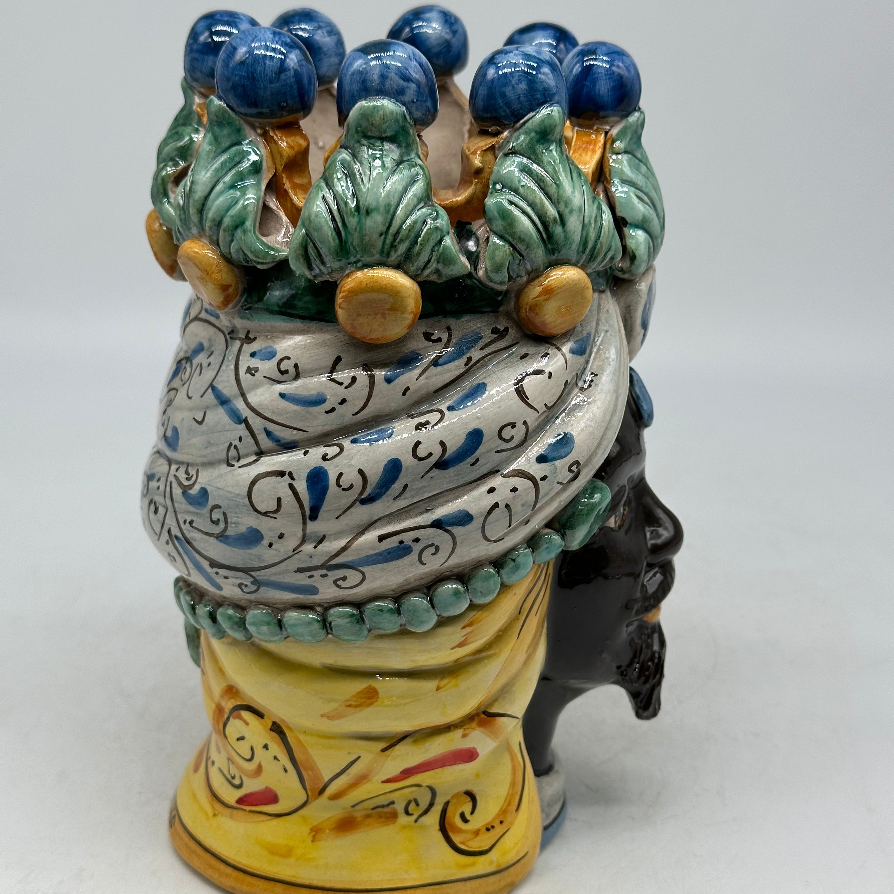 FINE SERIE - Testa di Moro Uomo Corona Sfere Ceramica Caltagirone cm H.20 L.12 Artigianale Colorata - TESTE DI MORO