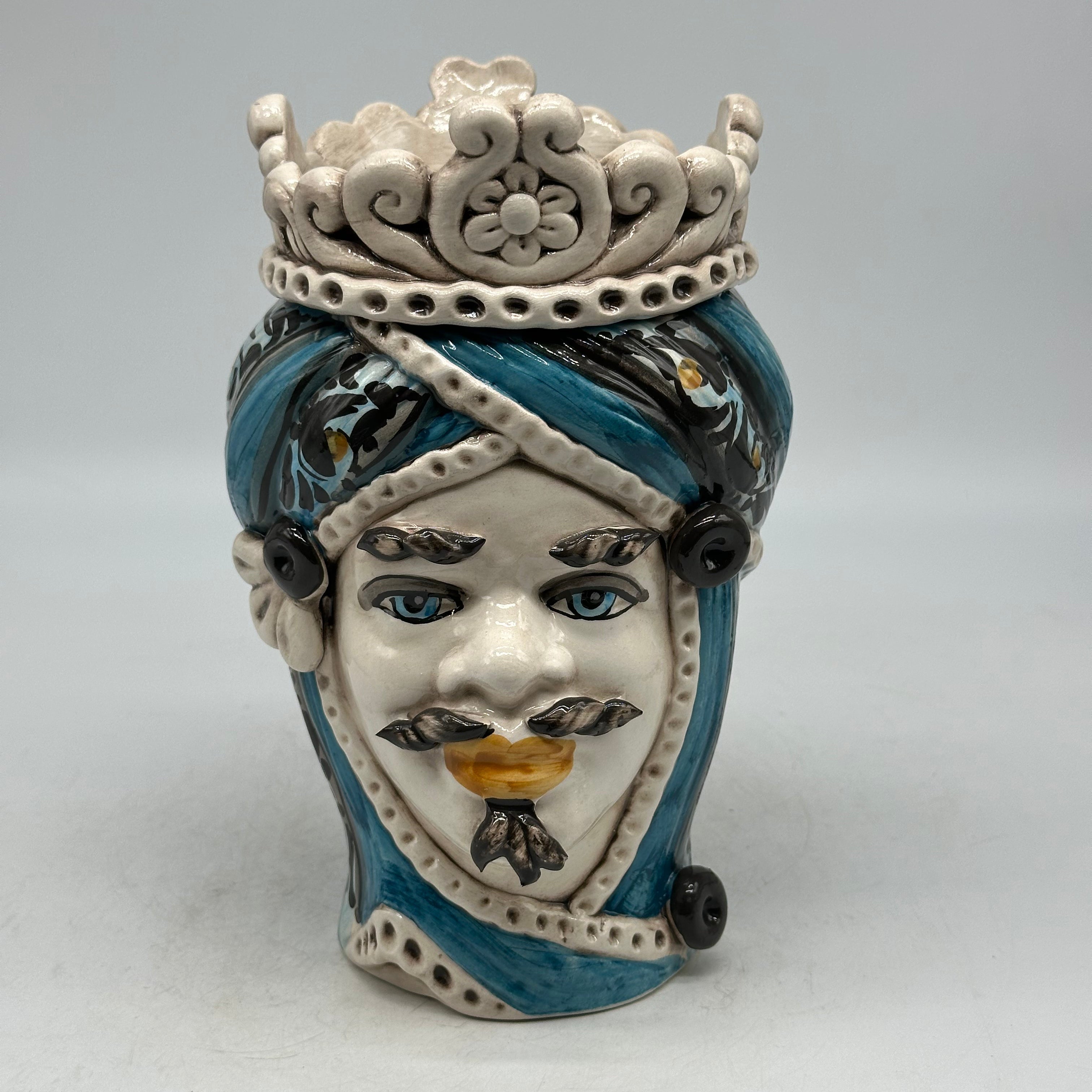 FINE SERIE - Testa di Moro Uomo Moresca Ceramica Caltagirone cm H.22 L.13 Artigianale Decorazione 2020 Blu - Re Bianco