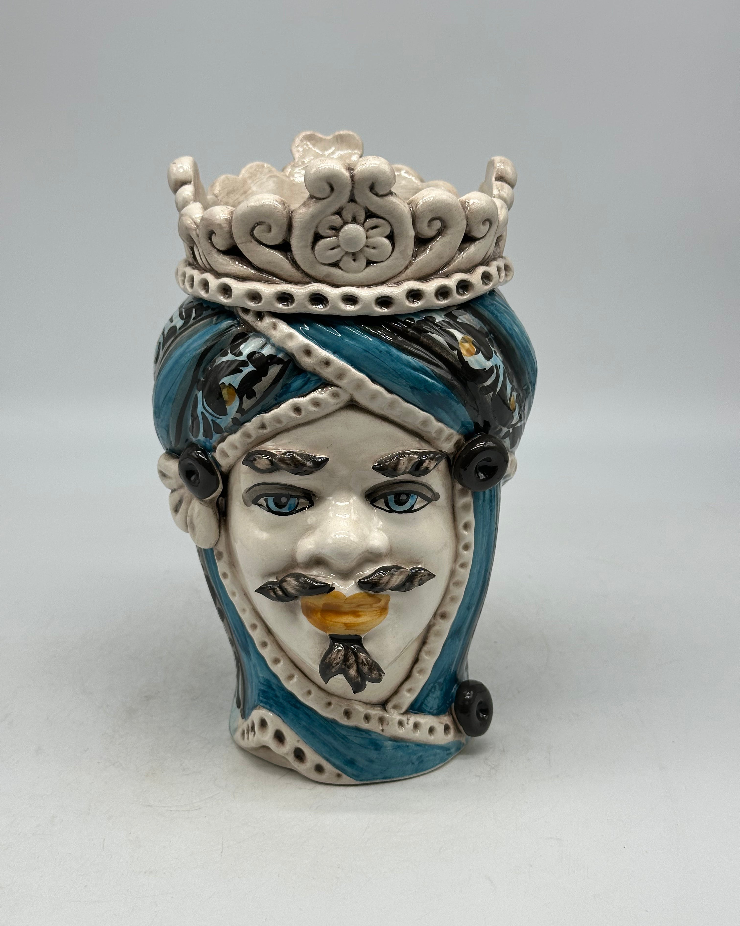 FINE SERIE - Testa di Moro Uomo Moresca Ceramica Caltagirone cm H.22 L.13 Artigianale Decorazione 2020 Blu - Re Bianco