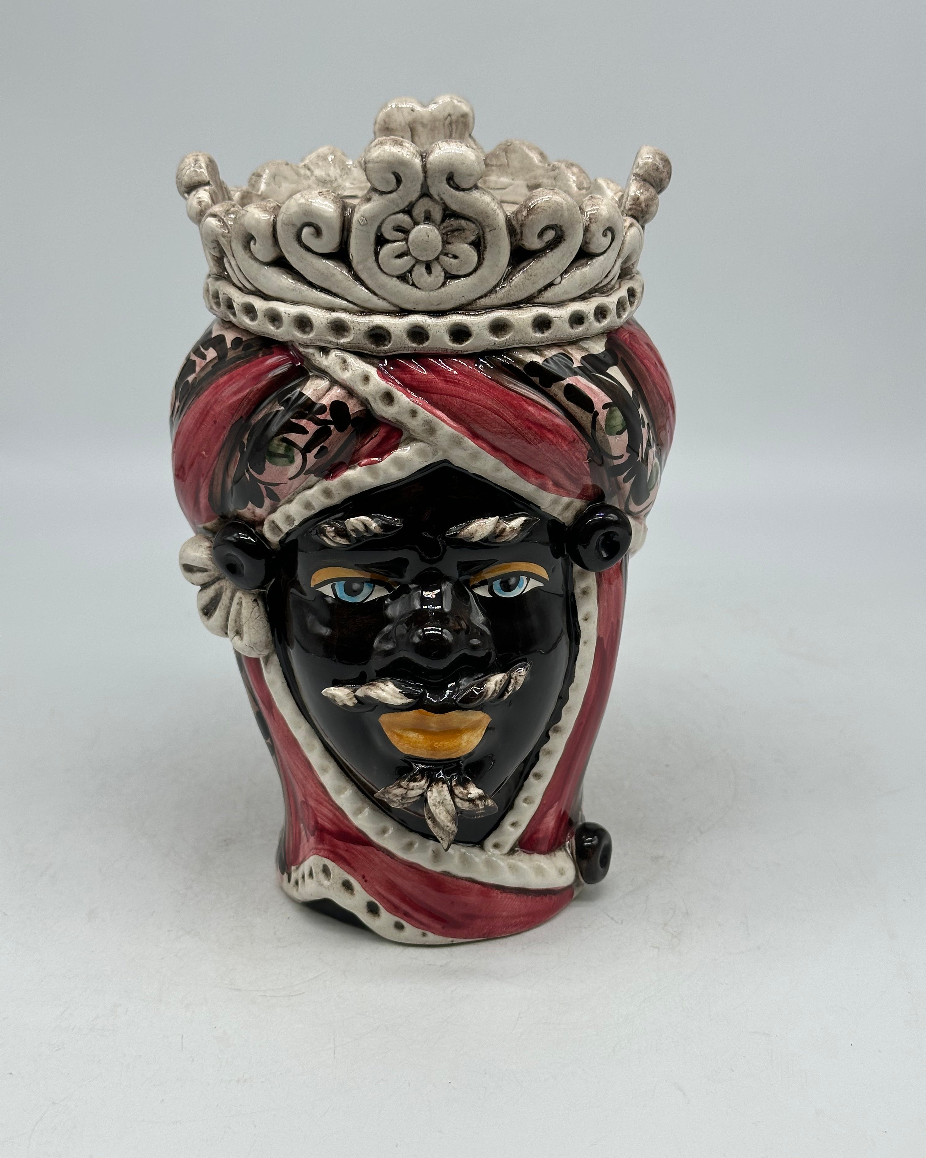 FINE SERIE - Testa di Moro Uomo Moresca Ceramica Caltagirone cm H.22 L.13 Artigianale Decorazione 2020 Rosa - Moro