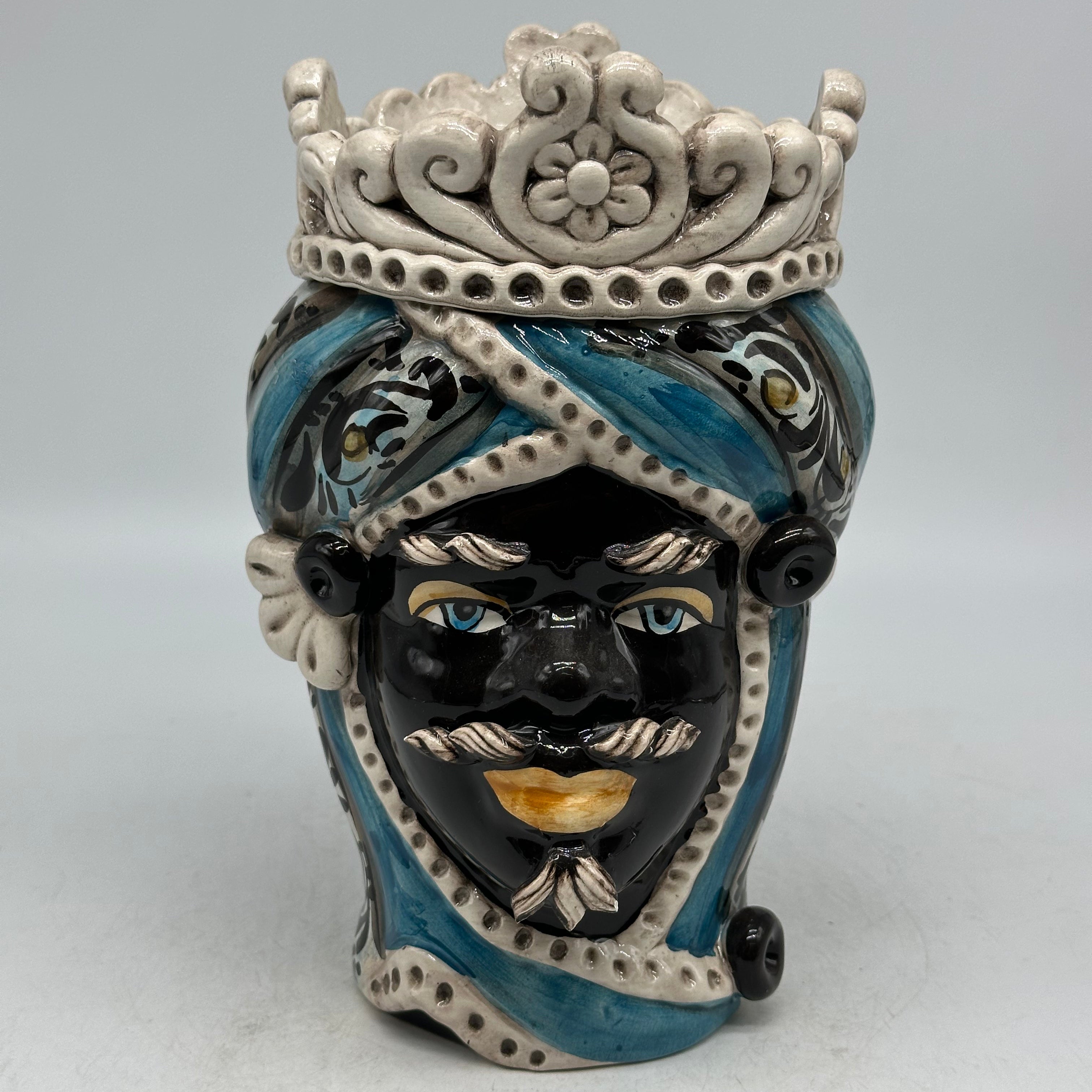 FINE SERIE - Testa di Moro Uomo Moresca Ceramica Caltagirone cm H.22 L.13 Artigianale Decorazione 2020 Blu - Moro