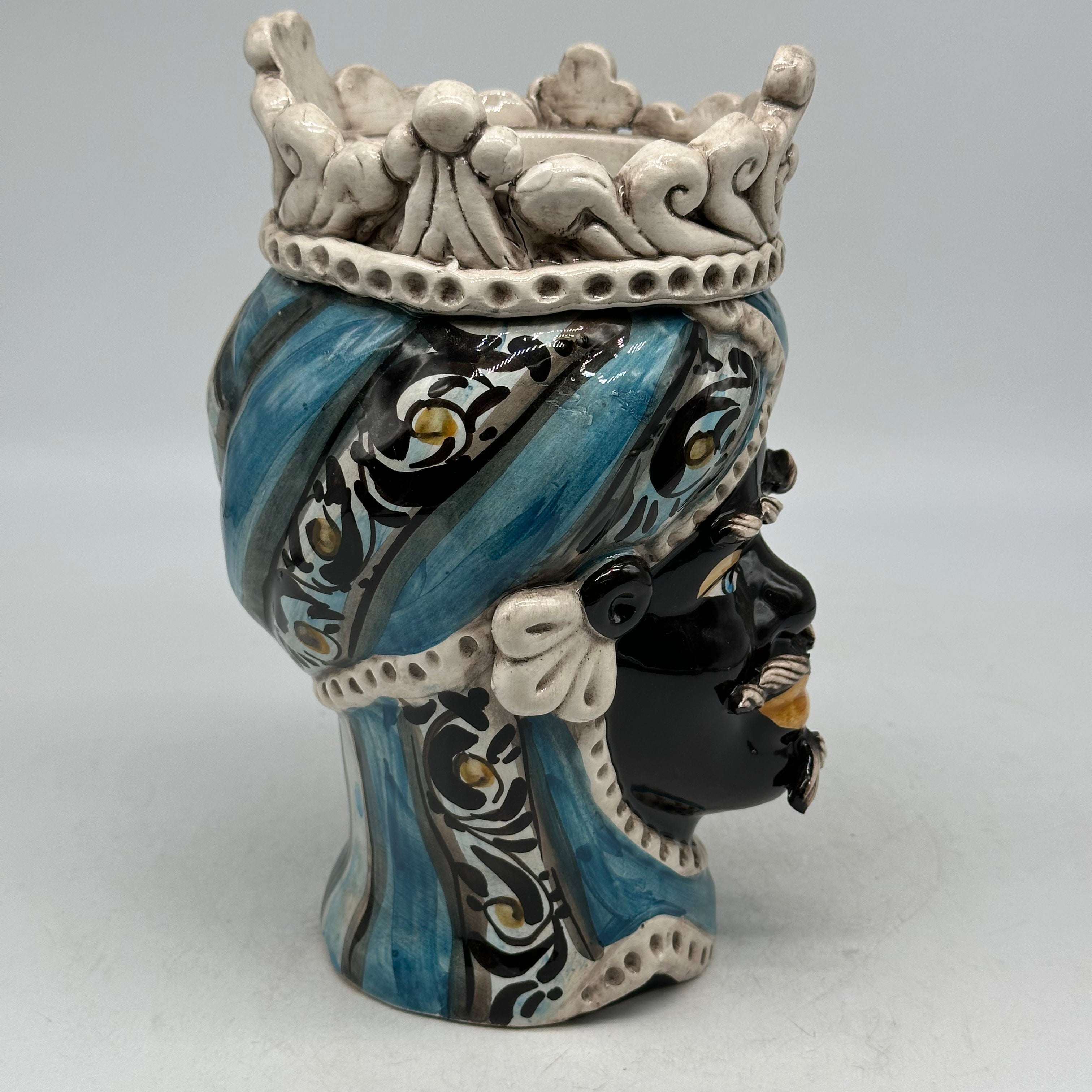FINE SERIE - Testa di Moro Uomo Moresca Ceramica Caltagirone cm H.22 L.13 Artigianale Decorazione 2020 Blu - Moro