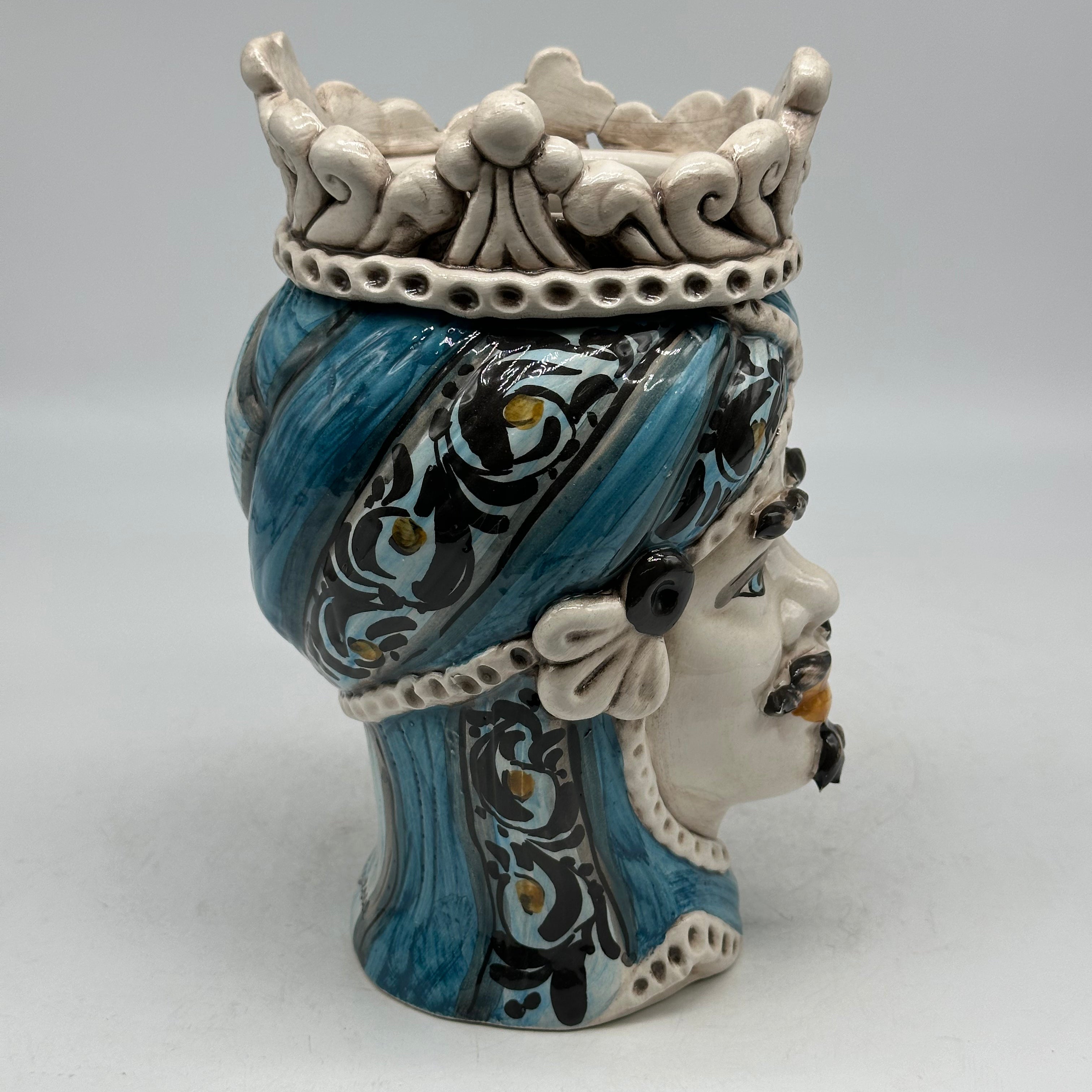 FINE SERIE - Testa di Moro Uomo Moresca Ceramica Caltagirone cm H.22 L.13 Artigianale Decorazione 2020 Blu - Re Bianco